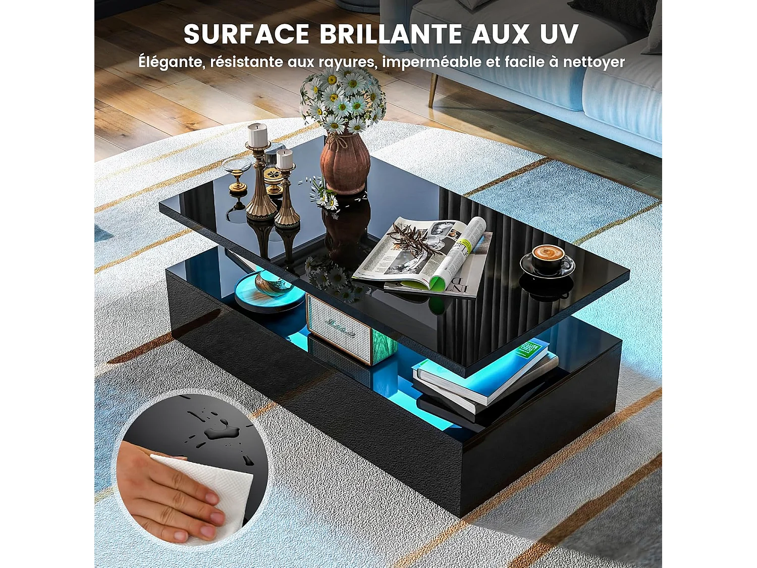 Table basse led, 20 lumières réglables avce télécommande, 19 modes dynamiques, noire