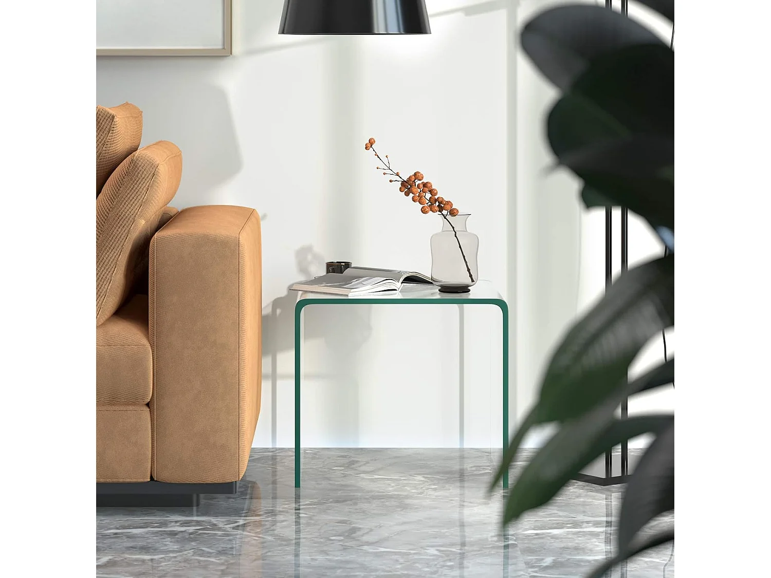 Table basse en verre, table basse transparente, bords arrondis lisses, 45 x 45 x 41 cm