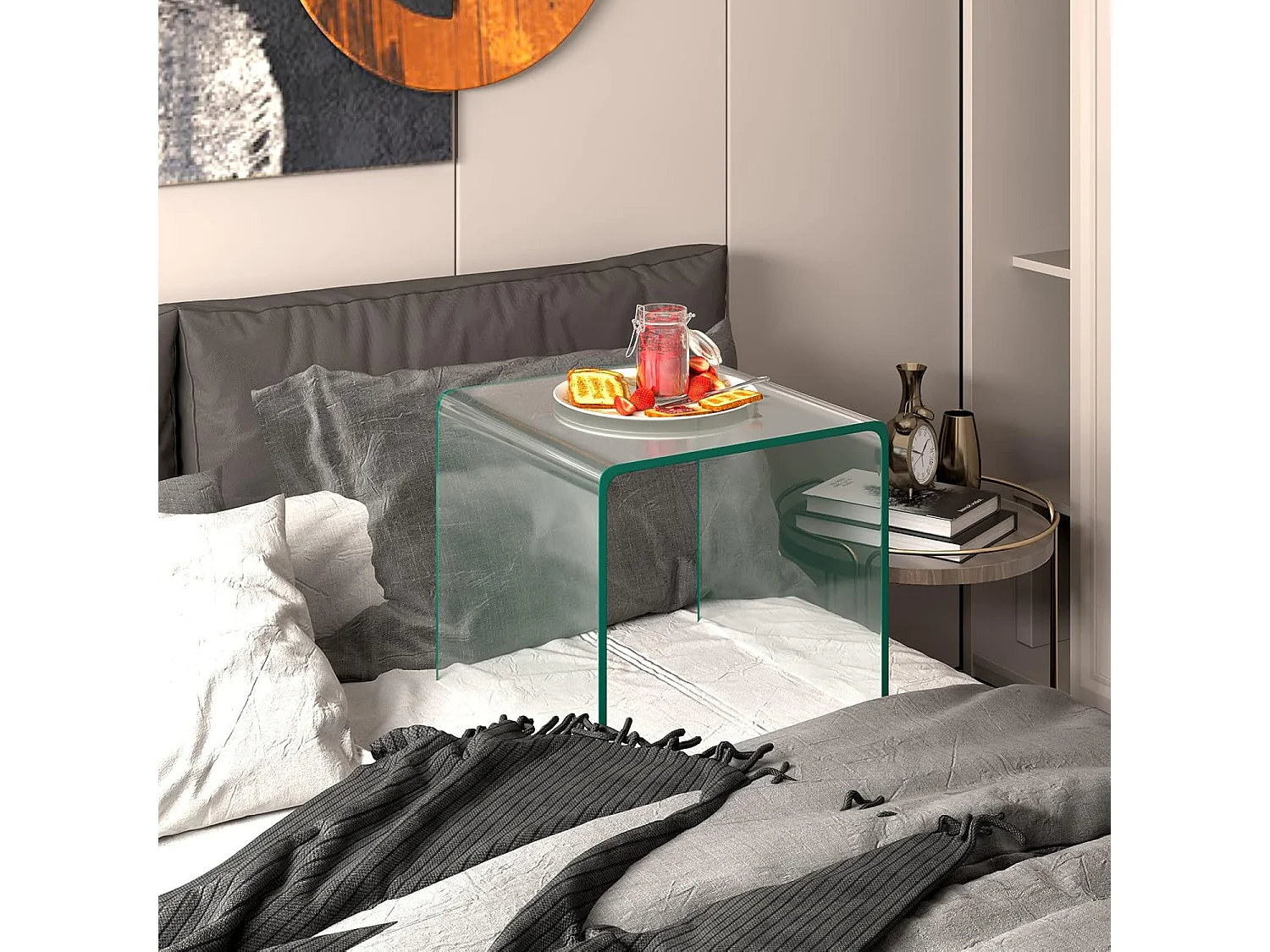 Table basse en verre, table basse transparente, bords arrondis lisses, 45 x 45 x 41 cm