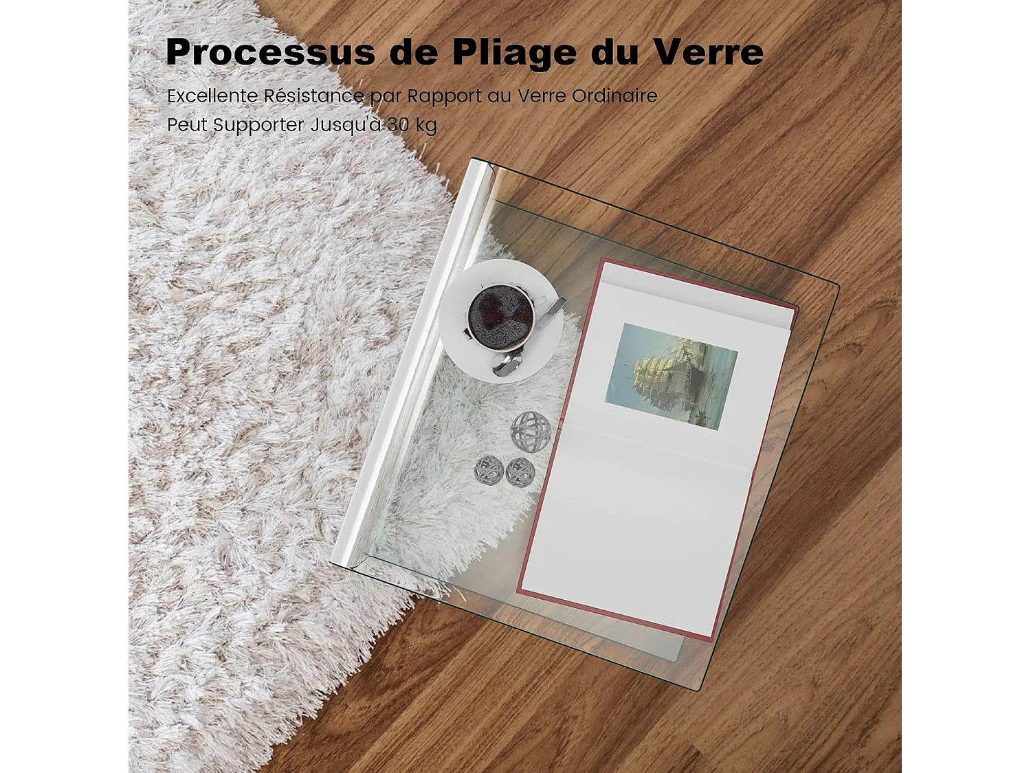 Table basse en verre, table basse transparente, bords arrondis lisses, 45 x 45 x 41 cm
