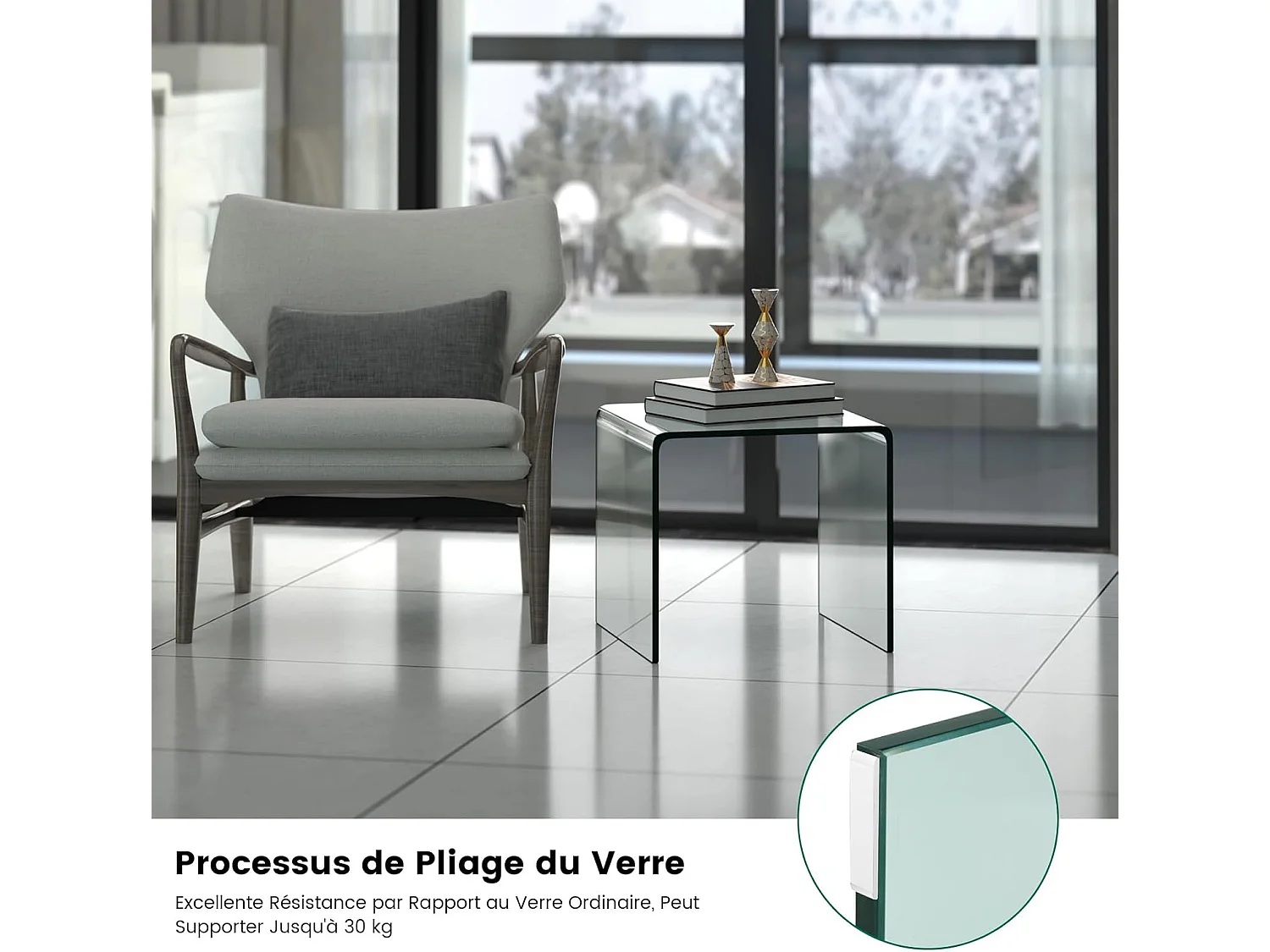 Table basse en verre, table basse transparente, bords arrondis lisses, 45 x 45 x 41 cm