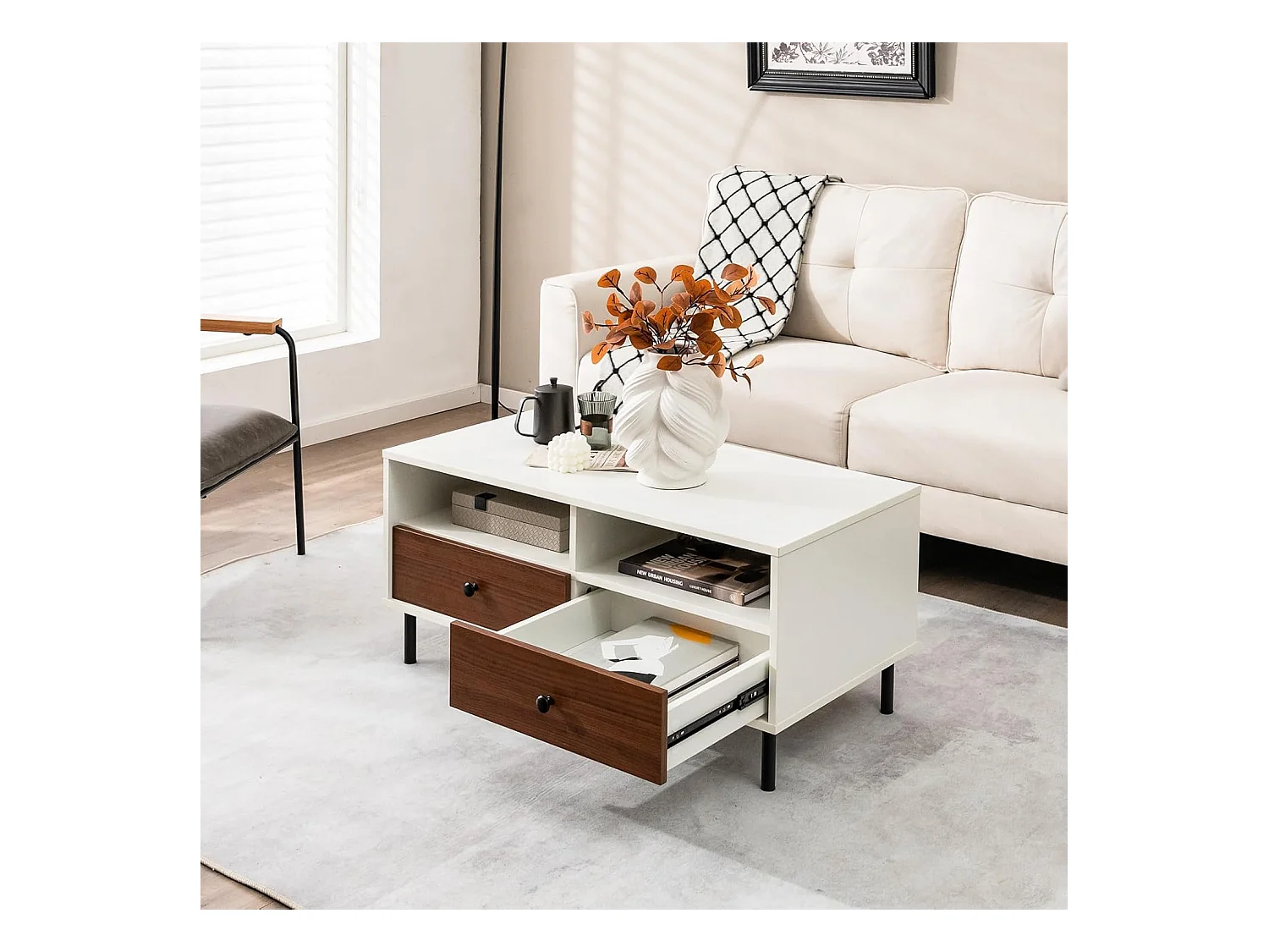 Table basse 2 tiroirs, table basse salon avec 2 compartiments, 95 x 48 x 45 cm