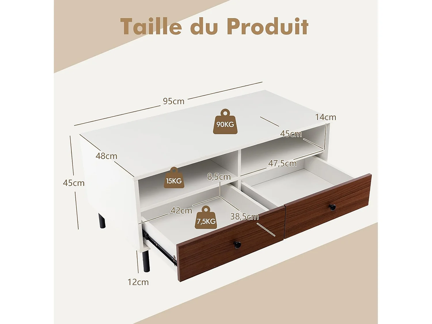 Table basse 2 tiroirs, table basse salon avec 2 compartiments, 95 x 48 x 45 cm