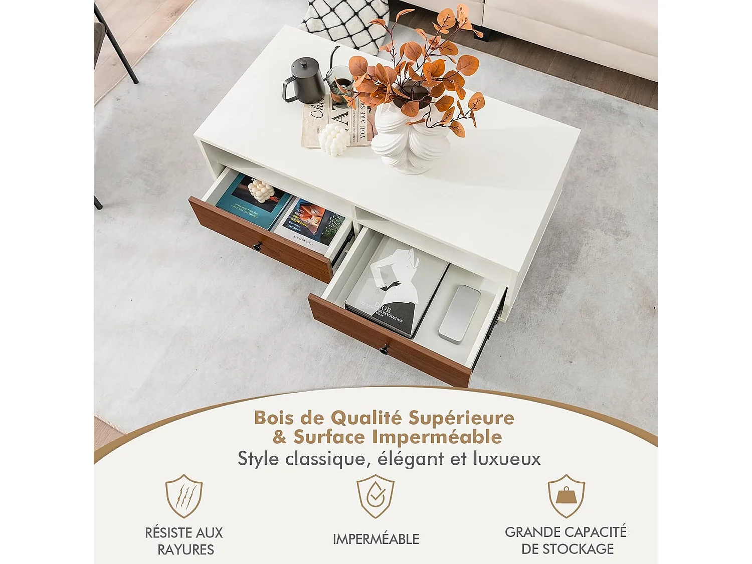 Table basse 2 tiroirs, table basse salon avec 2 compartiments, 95 x 48 x 45 cm