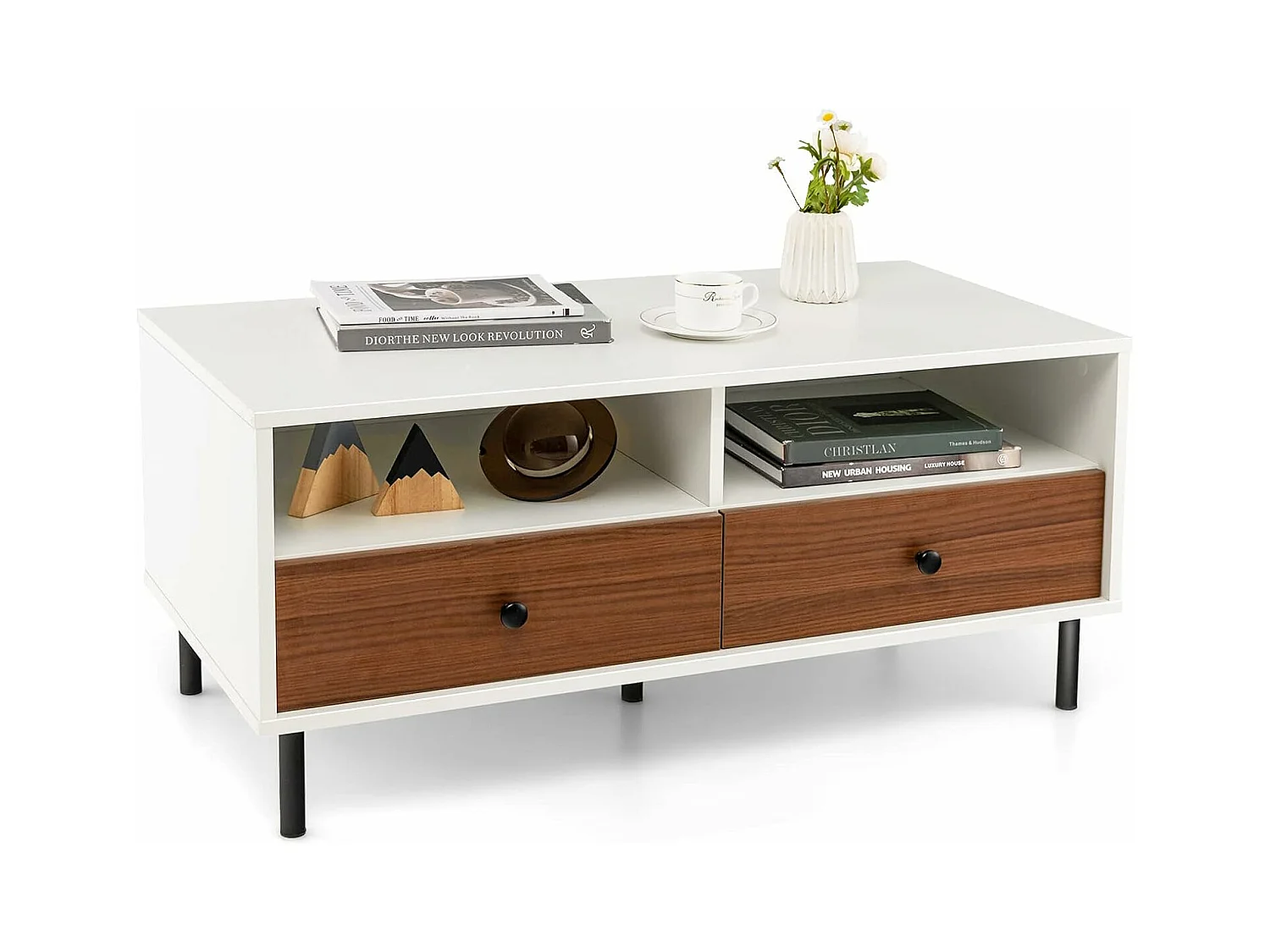 Table basse 2 tiroirs, table basse salon avec 2 compartiments, 95 x 48 x 45 cm