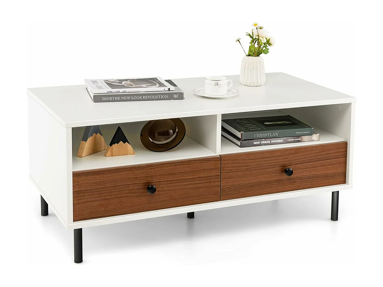 Table basse 2 tiroirs, table basse salon avec 2 compartiments, 95 x 48 x 45 cm