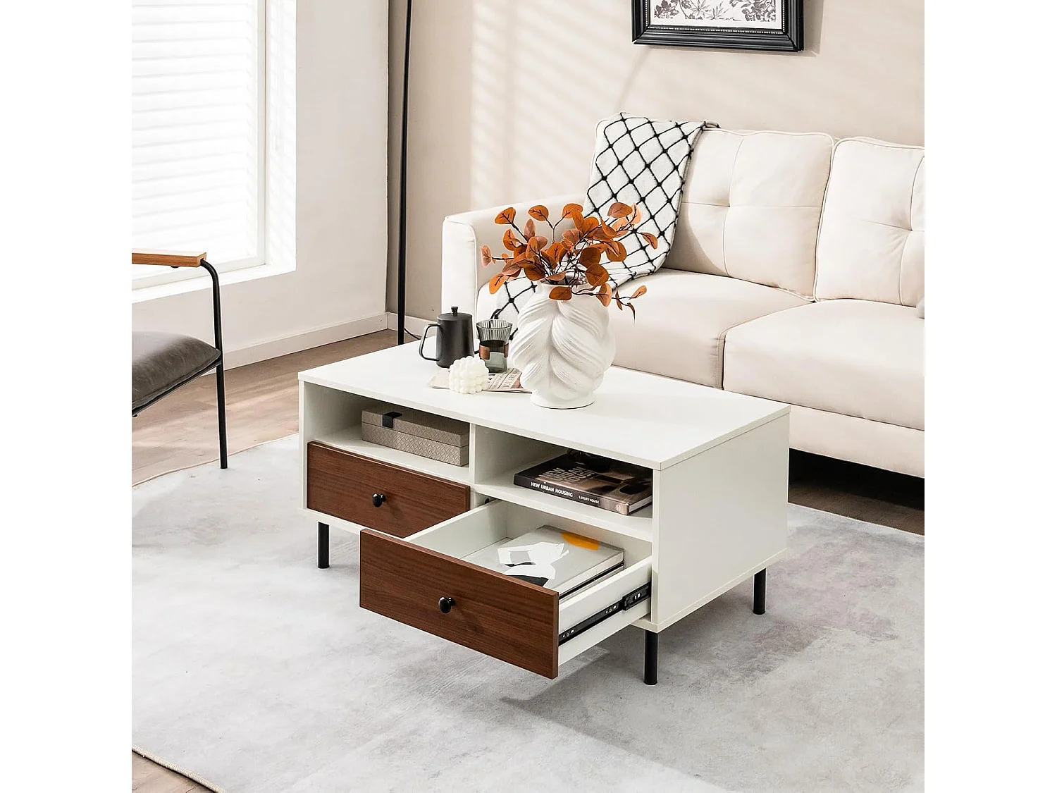 Table basse 2 tiroirs, table basse salon avec 2 compartiments, 95 x 48 x 45 cm