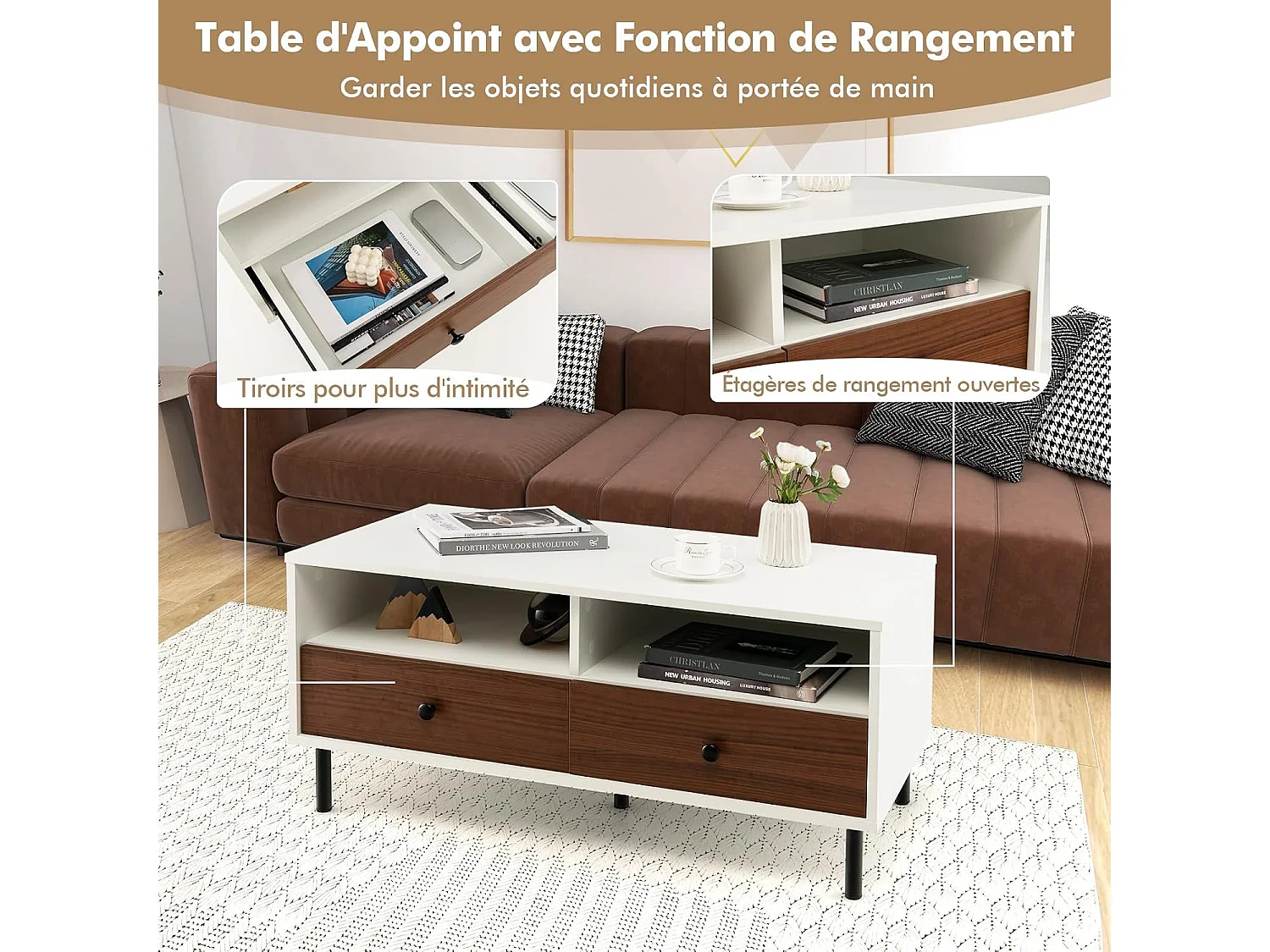 Table basse 2 tiroirs, table basse salon avec 2 compartiments, 95 x 48 x 45 cm