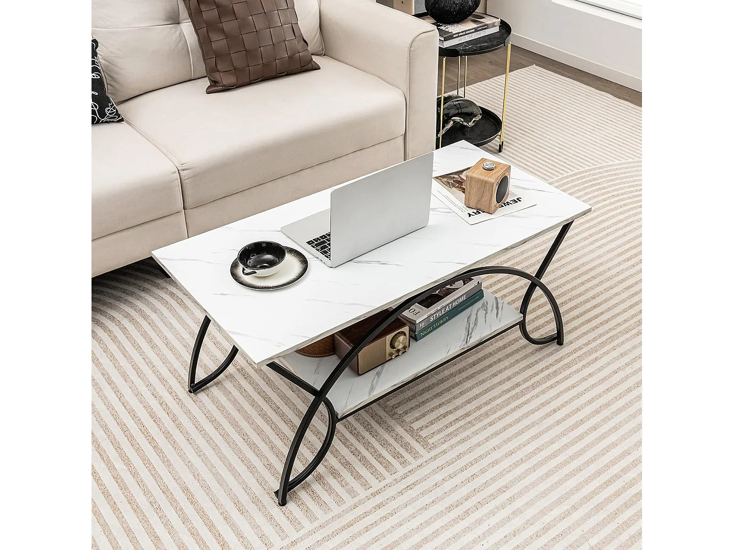 Table basse marbre à 2 niveaux, cadre en métal, 100 x 50 x 45 cm (marbre noir)