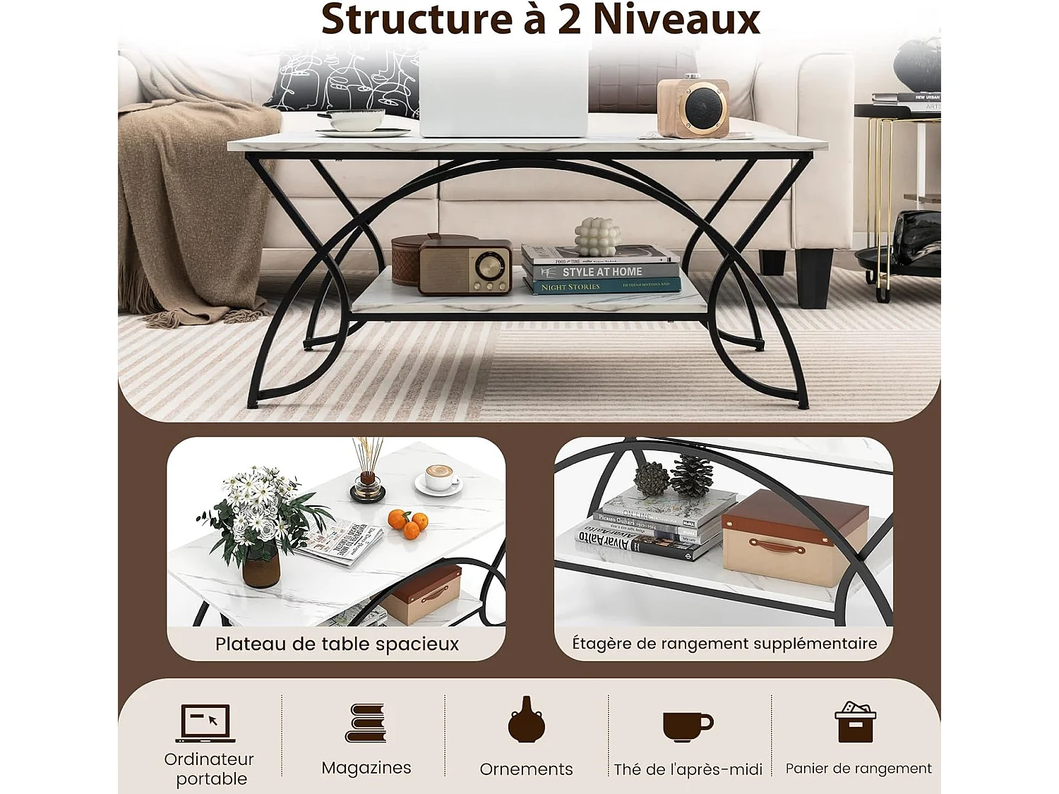 Table basse marbre à 2 niveaux, cadre en métal, 100 x 50 x 45 cm (marbre noir)