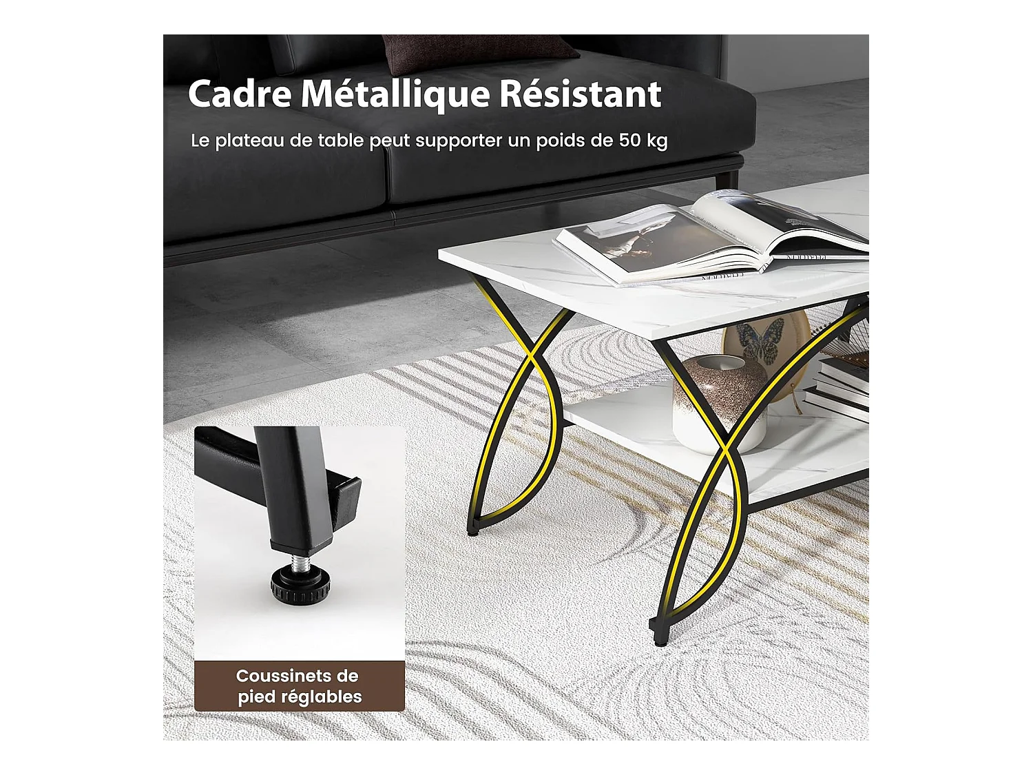 Table basse marbre à 2 niveaux, cadre en métal, 100 x 50 x 45 cm (marbre noir)