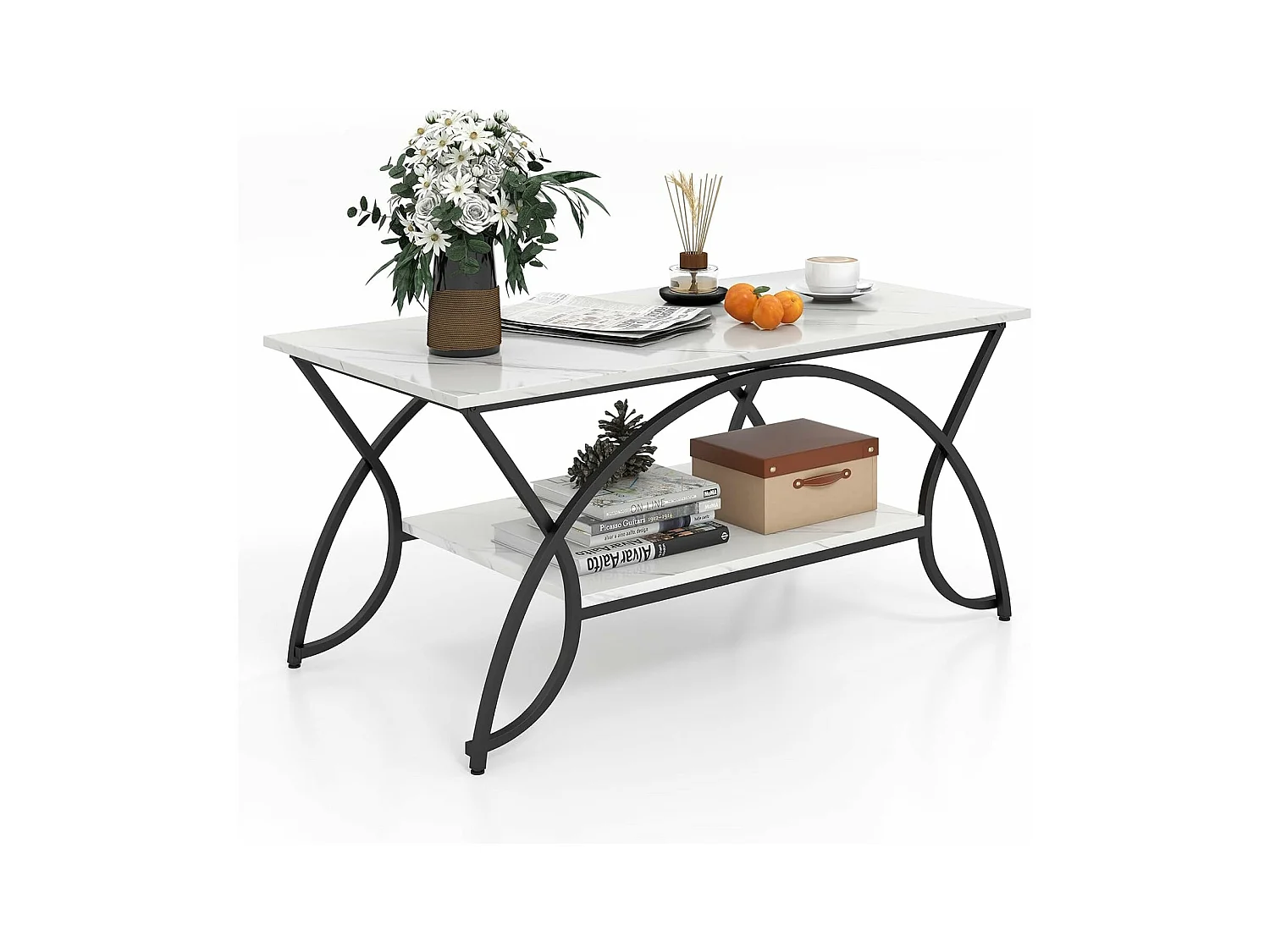 Table basse marbre à 2 niveaux, cadre en métal, 100 x 50 x 45 cm (marbre noir)