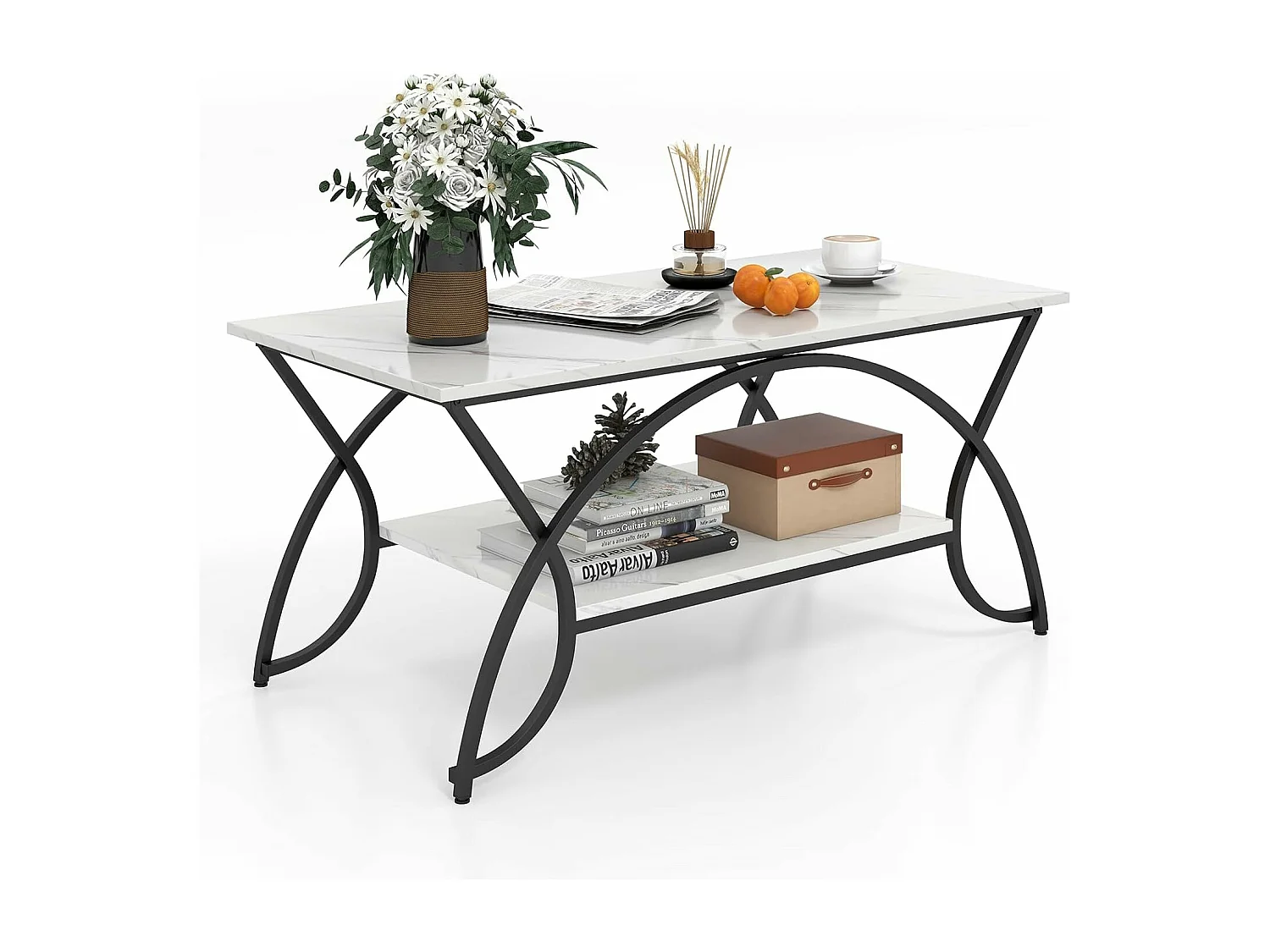 Table basse marbre à 2 niveaux, cadre en métal, 100 x 50 x 45 cm (marbre noir)