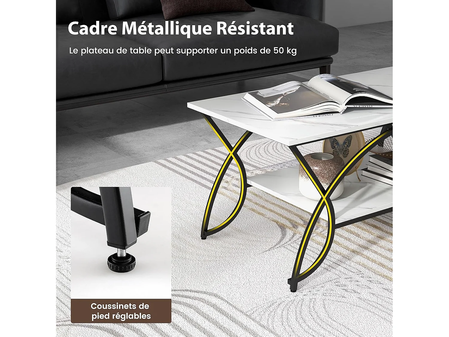 Table basse marbre à 2 niveaux, cadre en métal, 100 x 50 x 45 cm (marbre noir)