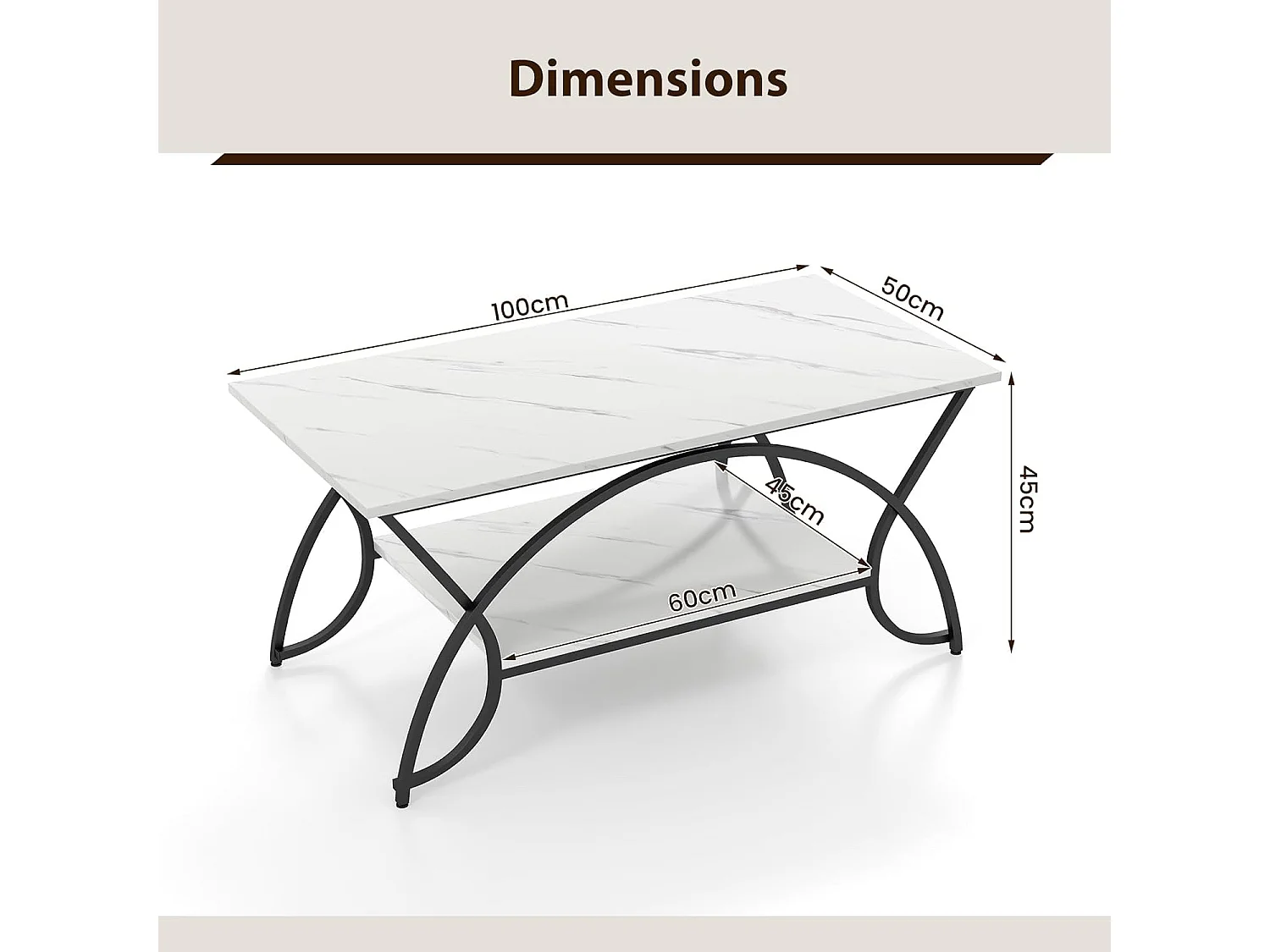 Table basse marbre à 2 niveaux, cadre en métal, 100 x 50 x 45 cm (marbre noir)