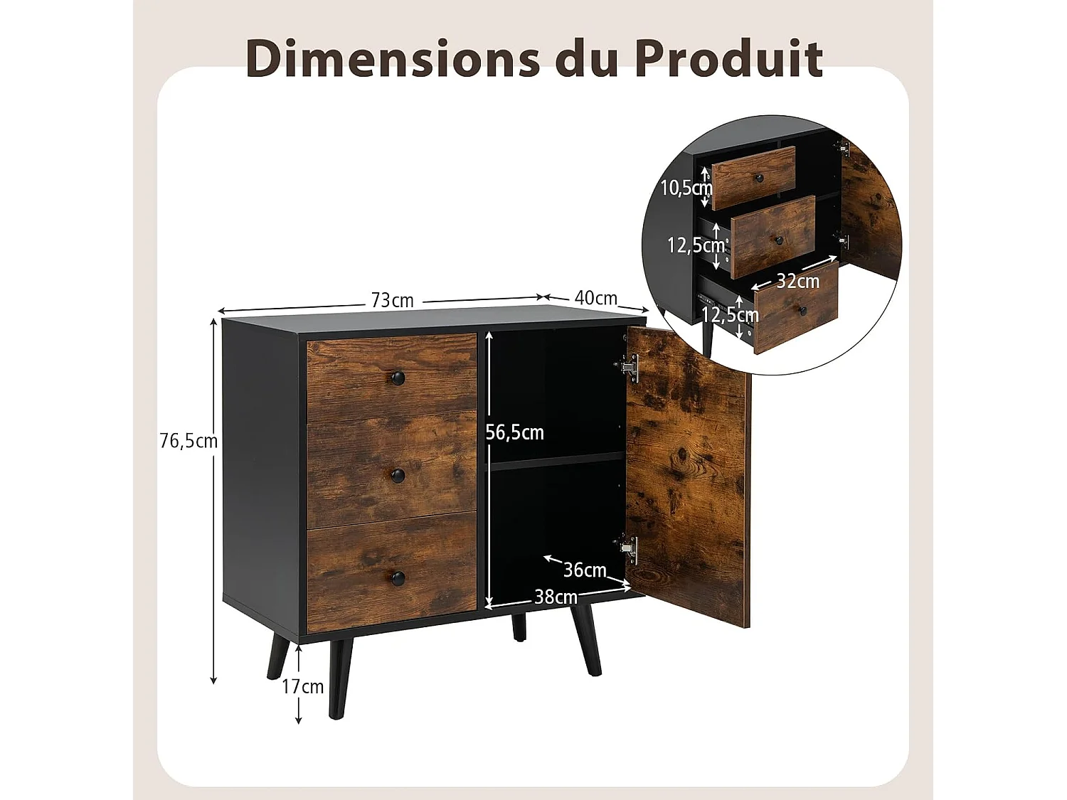 Buffet bas industriel, 3 tiroirs, placard à porte, étagère réglable, 73 x 40 x 76,5 cm
