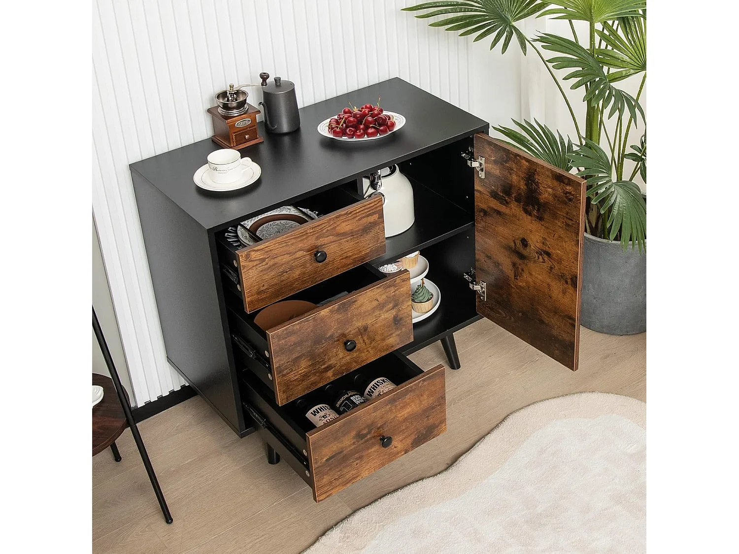 Buffet bas industriel, 3 tiroirs, placard à porte, étagère réglable, 73 x 40 x 76,5 cm