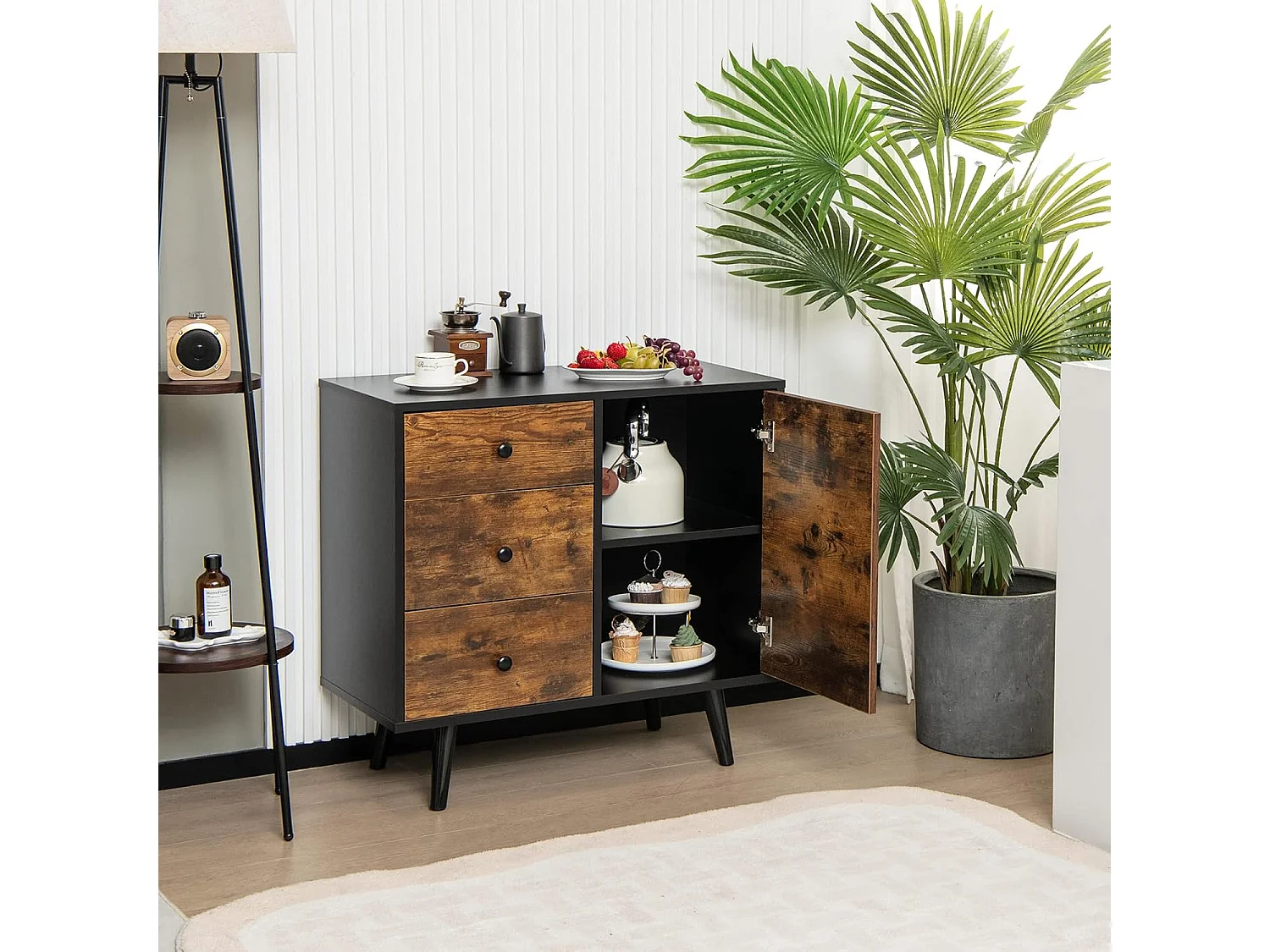 Buffet bas industriel, 3 tiroirs, placard à porte, étagère réglable, 73 x 40 x 76,5 cm