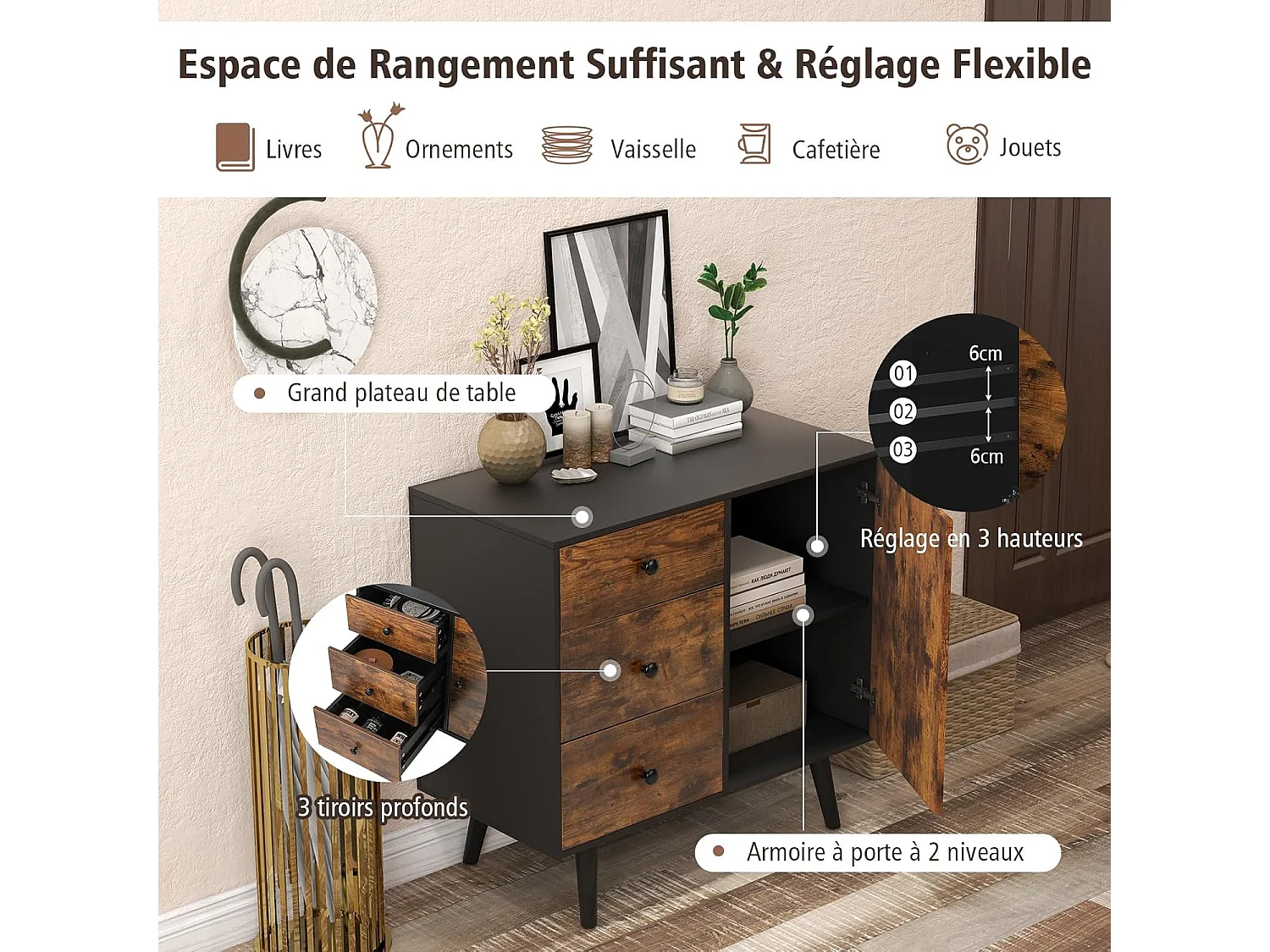 Buffet bas industriel, 3 tiroirs, placard à porte, étagère réglable, 73 x 40 x 76,5 cm