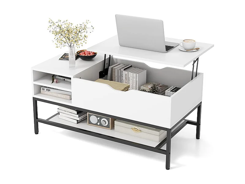 Table basse relevable, compartiment caché, étagère amovible, levage à vérins à gaz(blanc)