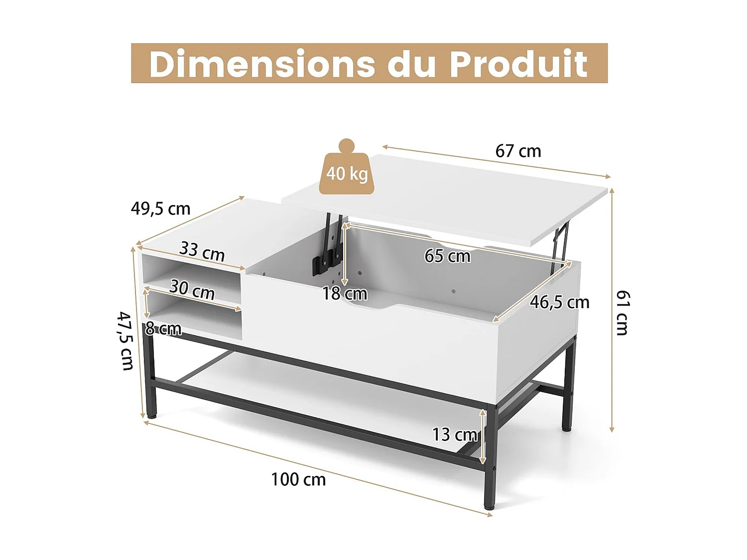 Table basse relevable, compartiment caché, étagère amovible, levage à vérins à gaz(blanc)