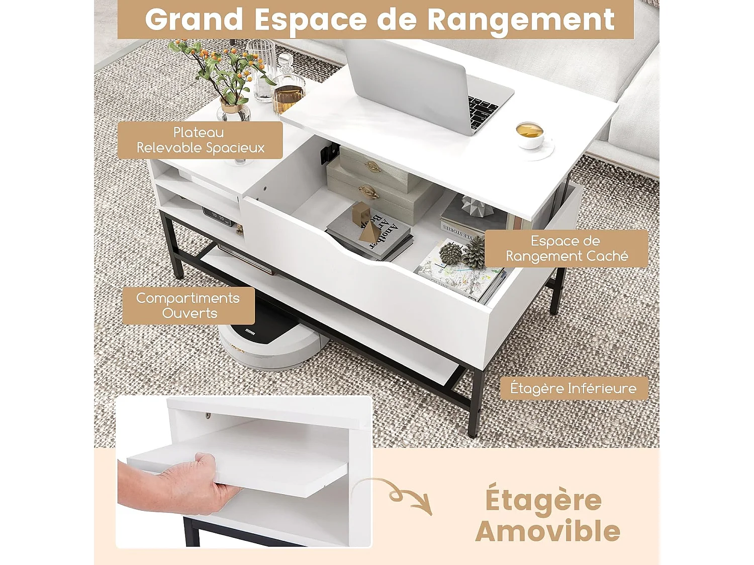 Table basse relevable, compartiment caché, étagère amovible, levage à vérins à gaz(blanc)