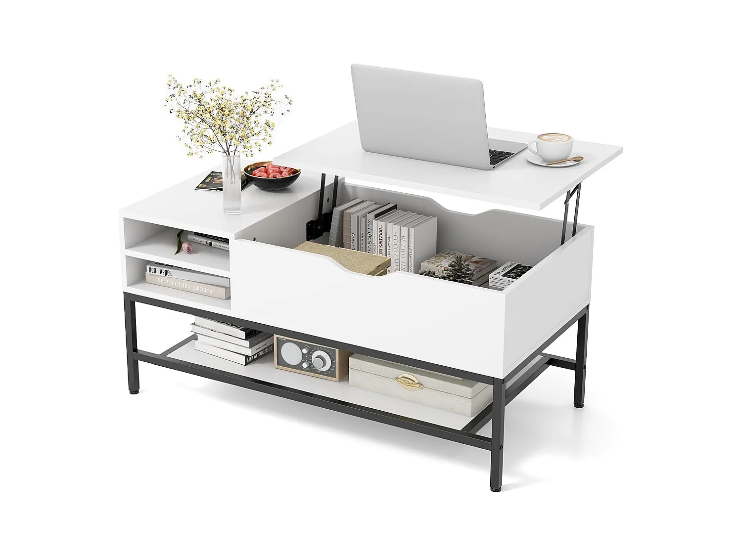 Table basse relevable, compartiment caché, étagère amovible, levage à vérins à gaz(blanc)