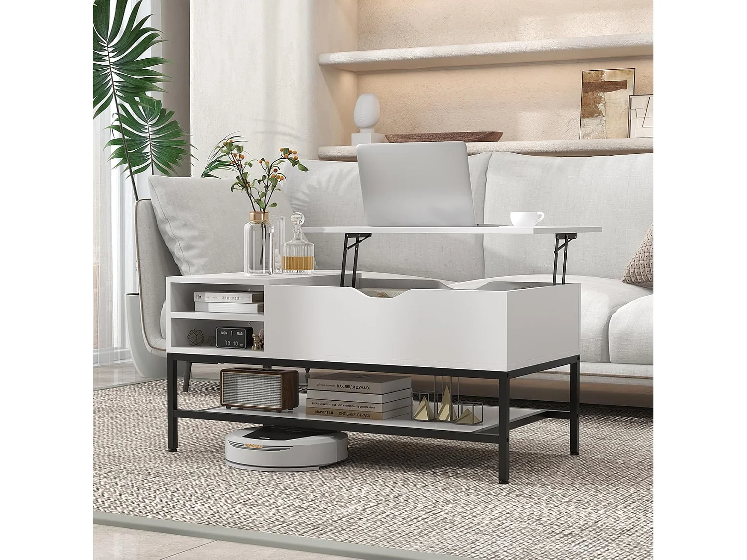 Table basse relevable, compartiment caché, étagère amovible, levage à vérins à gaz(blanc)