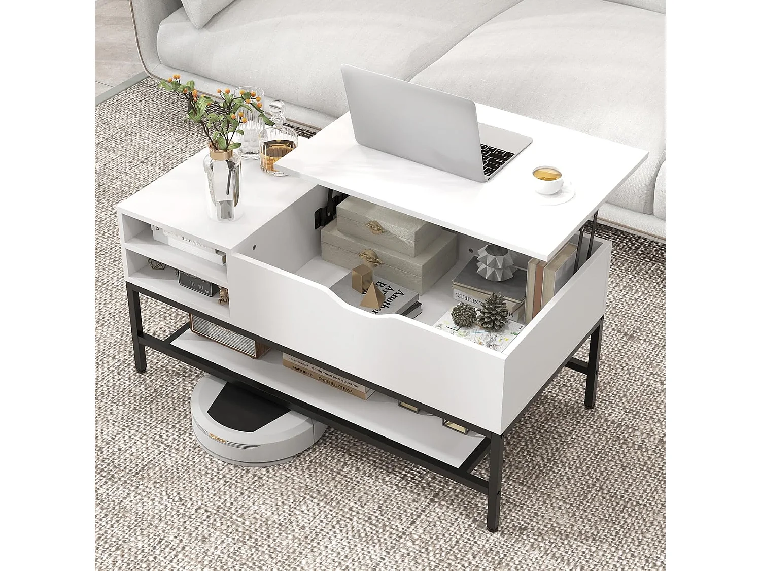 Table basse relevable, compartiment caché, étagère amovible, levage à vérins à gaz(blanc)