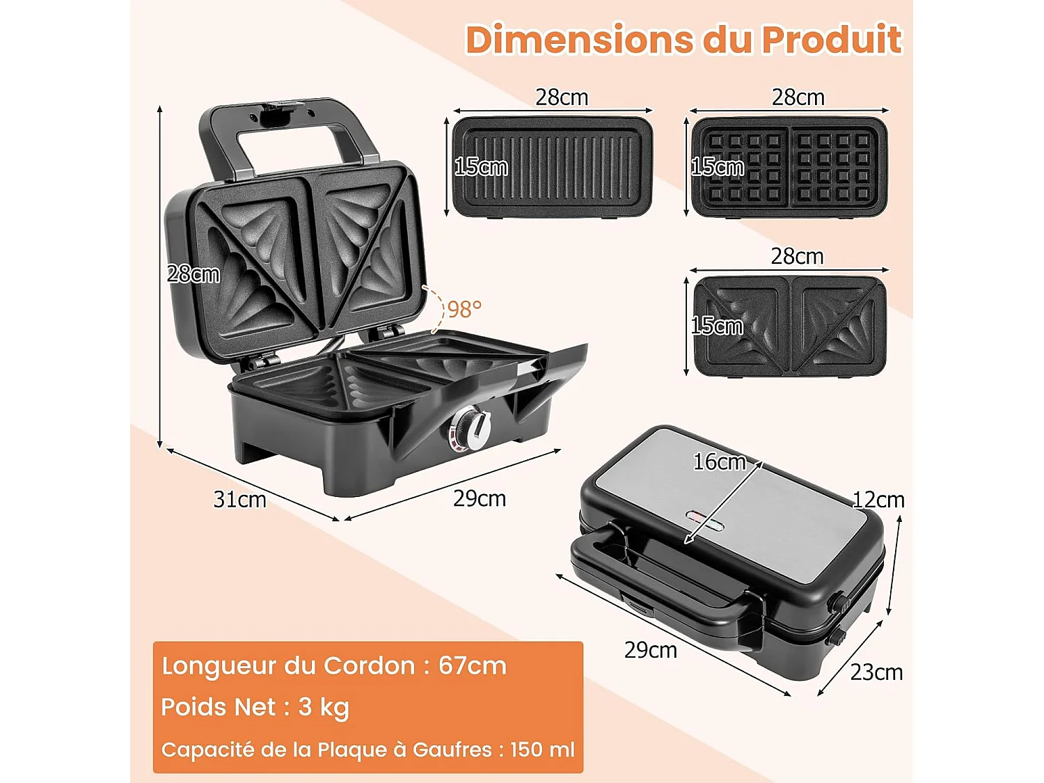 Appareil à sandwich multifonction 3 en 1, plaques à panini, à gaufre, à gril, 1200 w