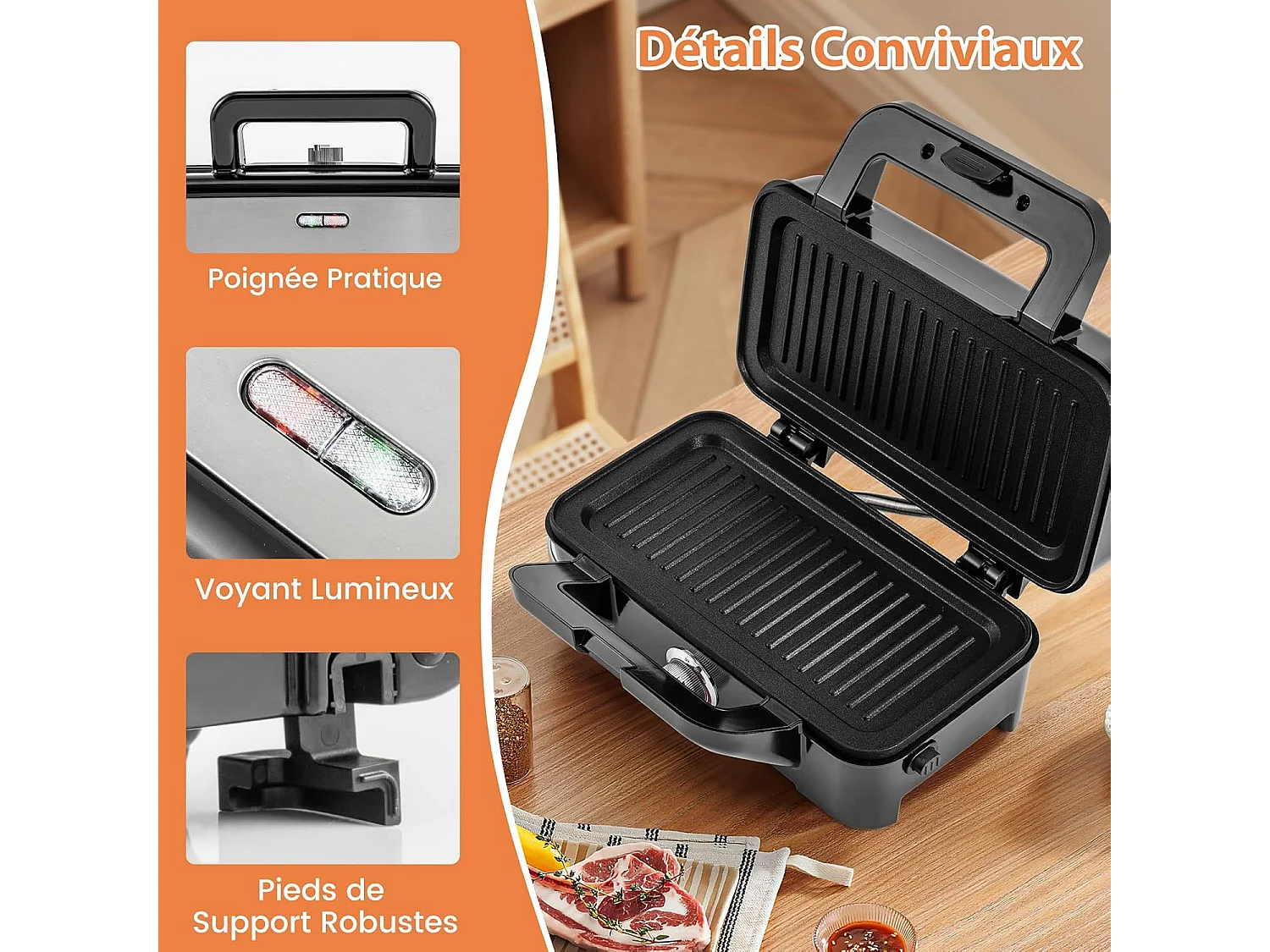 Appareil à sandwich multifonction 3 en 1, plaques à panini, à gaufre, à gril, 1200 w