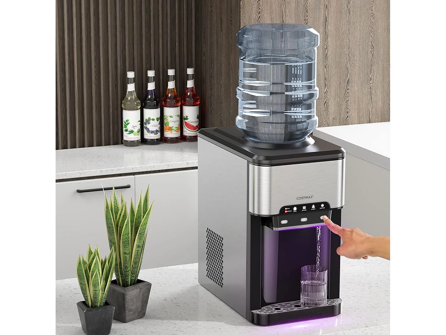 Machine à Glaçons 3 en 1 avec Distributeur d'eau Froide/Chaude, Compact Portable, 19 kg en 24h, Cube de Glace Rapide Prêt en 6-13 Min, pour Maison Bureau Bar