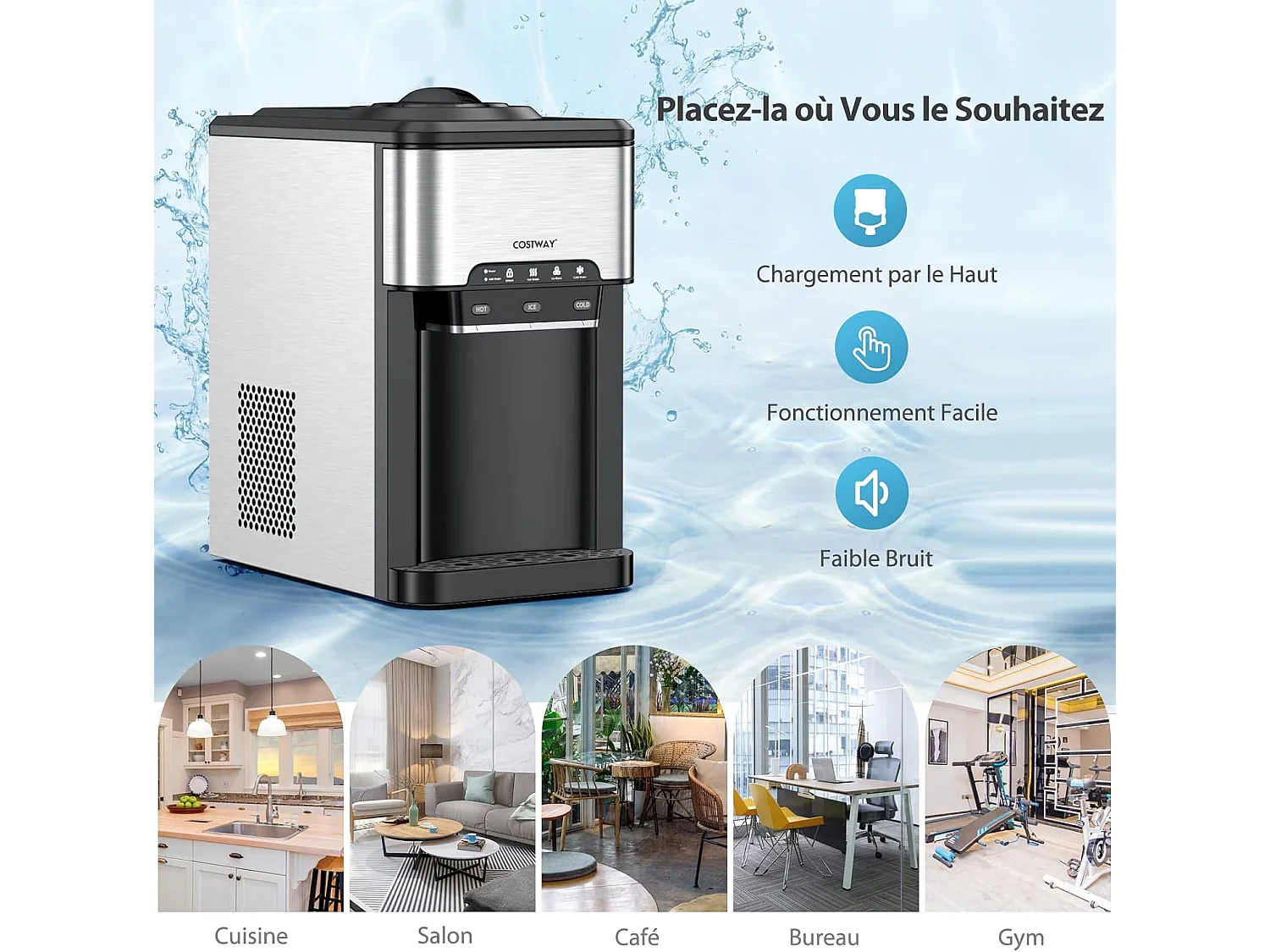 Machine à Glaçons 3 en 1 avec Distributeur d'eau Froide/Chaude, Compact Portable, 19 kg en 24h, Cube de Glace Rapide Prêt en 6-13 Min, pour Maison Bureau Bar