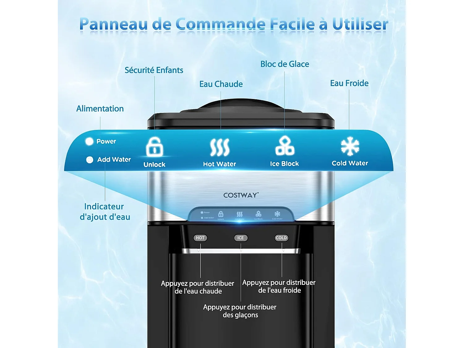 Machine à Glaçons 3 en 1 avec Distributeur d'eau Froide/Chaude, Compact Portable, 19 kg en 24h, Cube de Glace Rapide Prêt en 6-13 Min, pour Maison Bureau Bar
