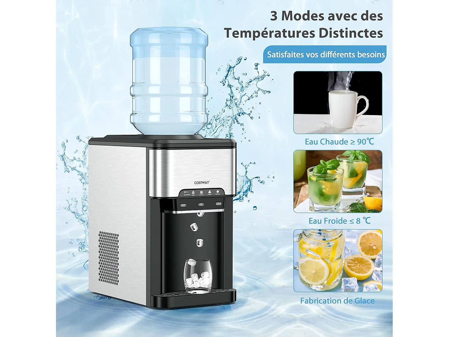 Machine à Glaçons 3 en 1 avec Distributeur d'eau Froide/Chaude, Compact Portable, 19 kg en 24h, Cube de Glace Rapide Prêt en 6-13 Min, pour Maison Bureau Bar