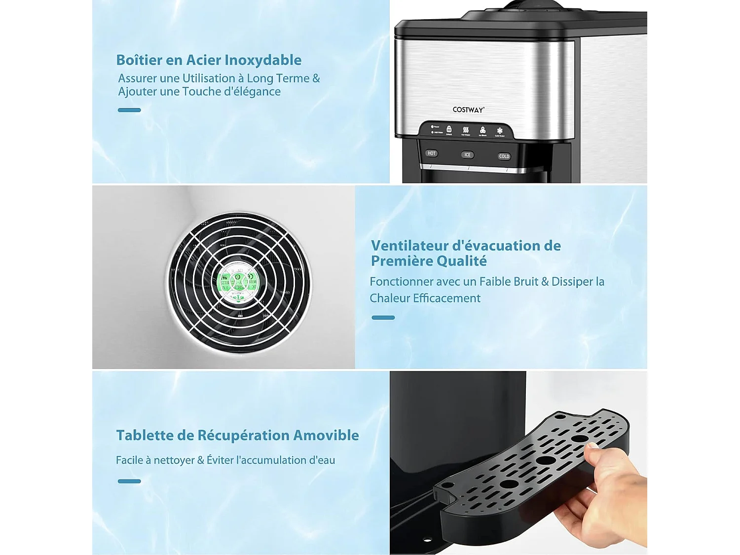 Machine à Glaçons 3 en 1 avec Distributeur d'eau Froide/Chaude, Compact Portable, 19 kg en 24h, Cube de Glace Rapide Prêt en 6-13 Min, pour Maison Bureau Bar