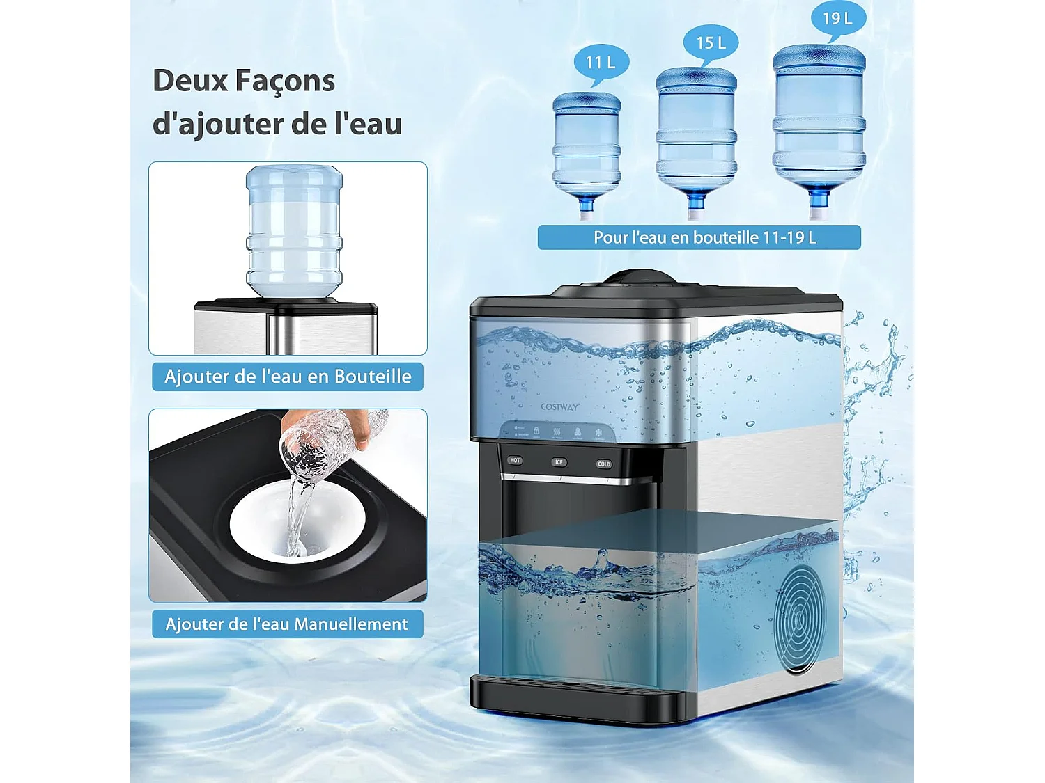 Machine à Glaçons 3 en 1 avec Distributeur d'eau Froide/Chaude, Compact Portable, 19 kg en 24h, Cube de Glace Rapide Prêt en 6-13 Min, pour Maison Bureau Bar