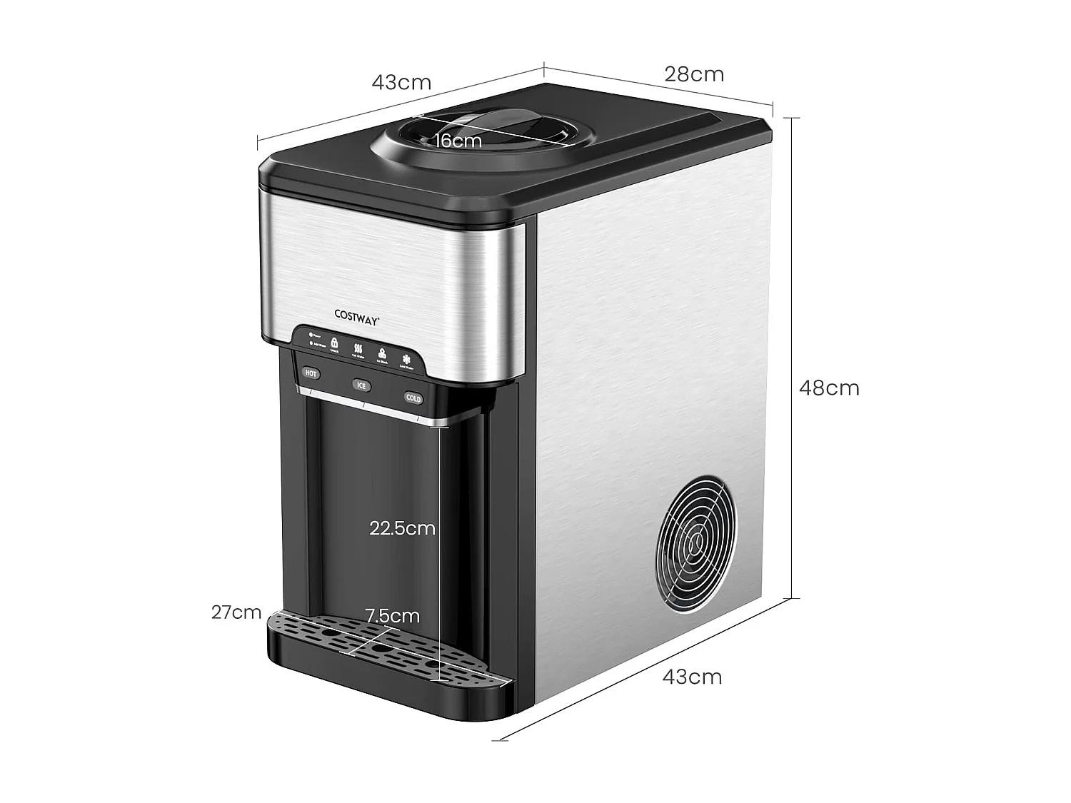 Machine à Glaçons 3 en 1 avec Distributeur d'eau Froide/Chaude, Compact Portable, 19 kg en 24h, Cube de Glace Rapide Prêt en 6-13 Min, pour Maison Bureau Bar