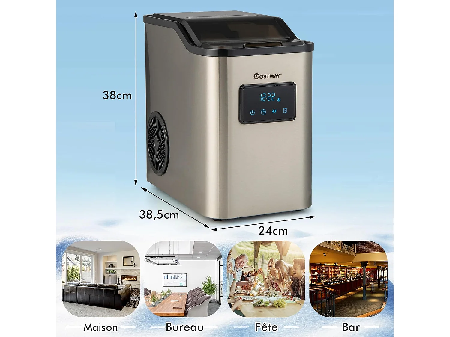 Machine à Glaçons Nugget Ice 24kg en 24h, Recharge d'Eau 2 Façons, Panneau de Contrôle Tactile LED, Fonction d'Auto-nettoyage 10 Minutes, Acier Inoxydable