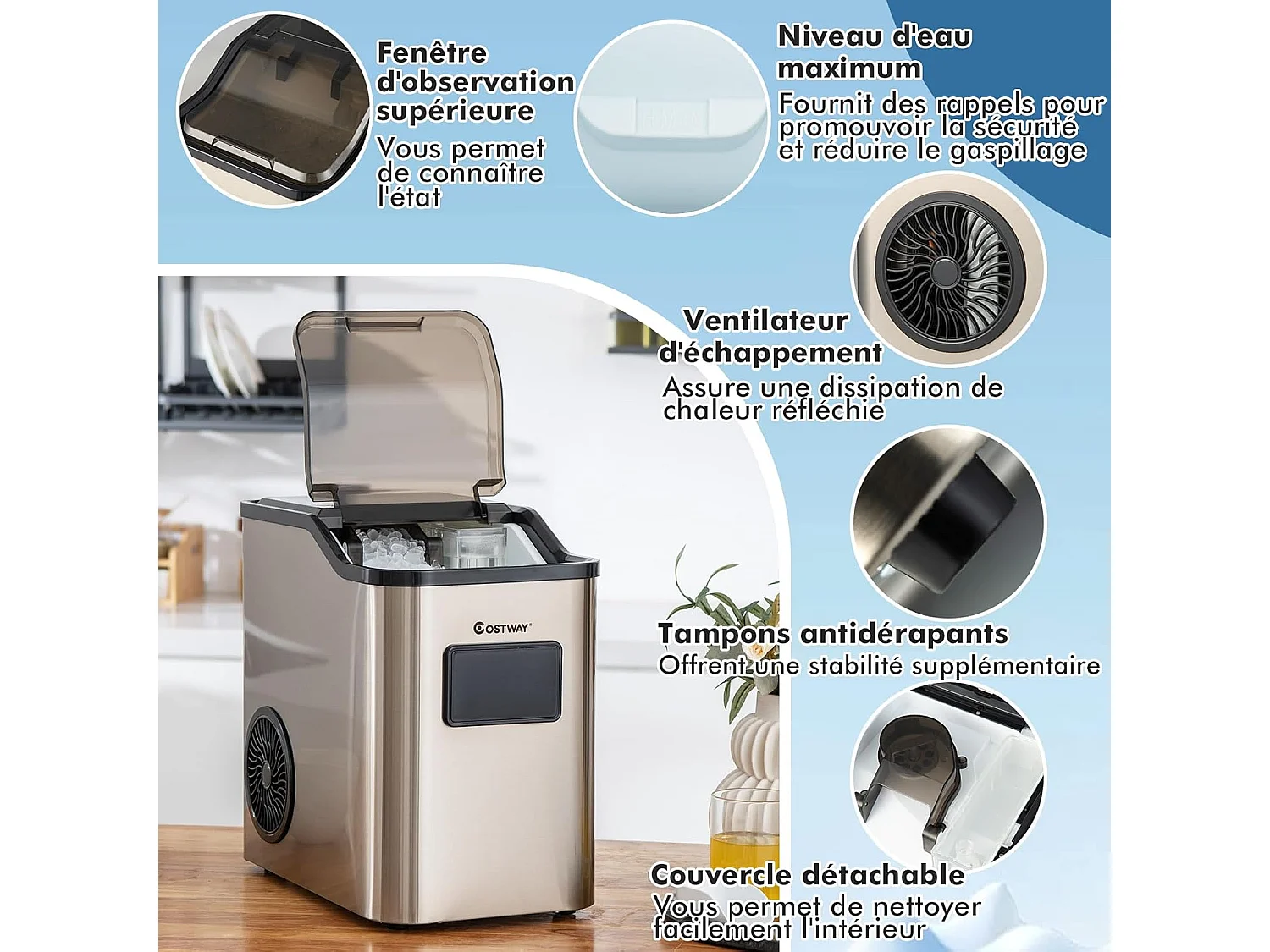 Machine à Glaçons Nugget Ice 24kg en 24h, Recharge d'Eau 2 Façons, Panneau de Contrôle Tactile LED, Fonction d'Auto-nettoyage 10 Minutes, Acier Inoxydable