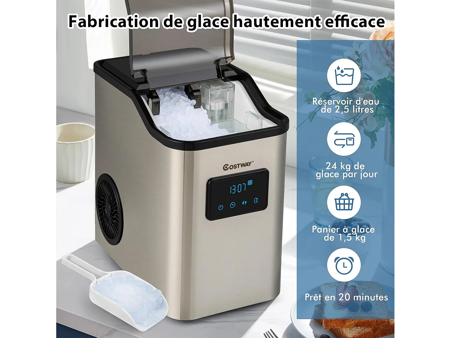 Machine à Glaçons Nugget Ice 24kg en 24h, Recharge d'Eau 2 Façons, Panneau de Contrôle Tactile LED, Fonction d'Auto-nettoyage 10 Minutes, Acier Inoxydable