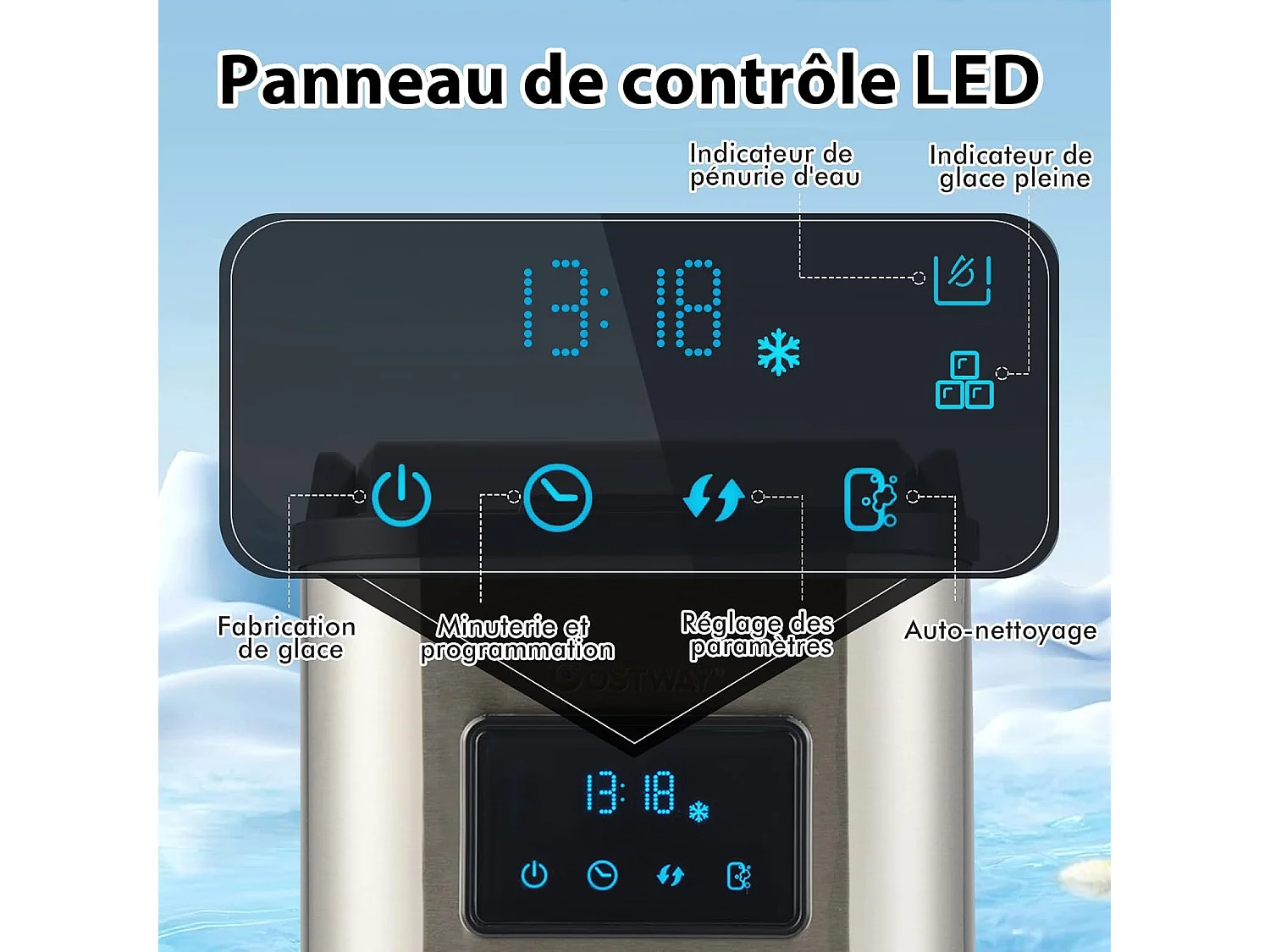 Machine à Glaçons Nugget Ice 24kg en 24h, Recharge d'Eau 2 Façons, Panneau de Contrôle Tactile LED, Fonction d'Auto-nettoyage 10 Minutes, Acier Inoxydable