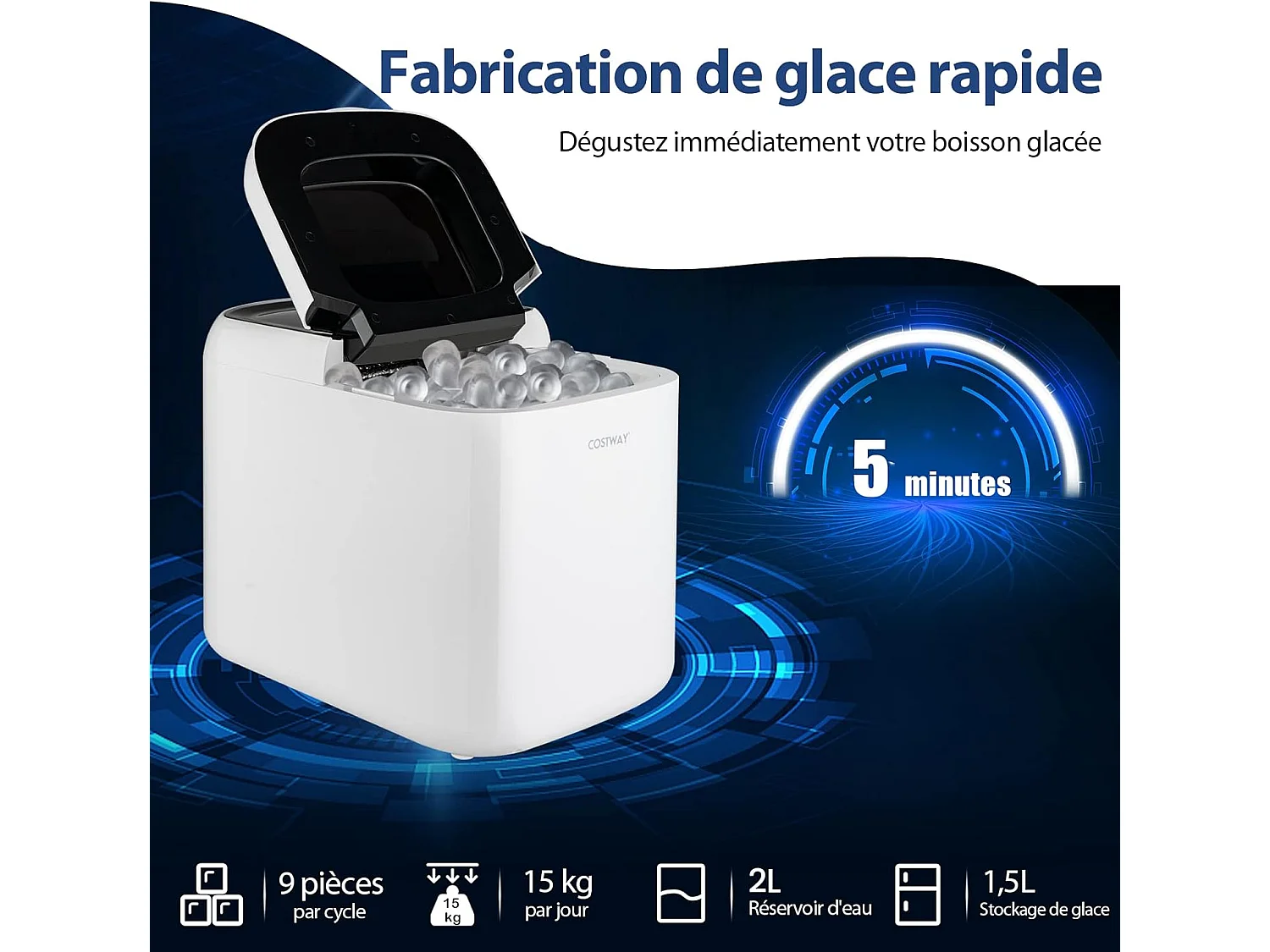 Machine à glaçons de comptoir, prêt en 6-8 minutes, autonettoyant de 30 minutes, blanc