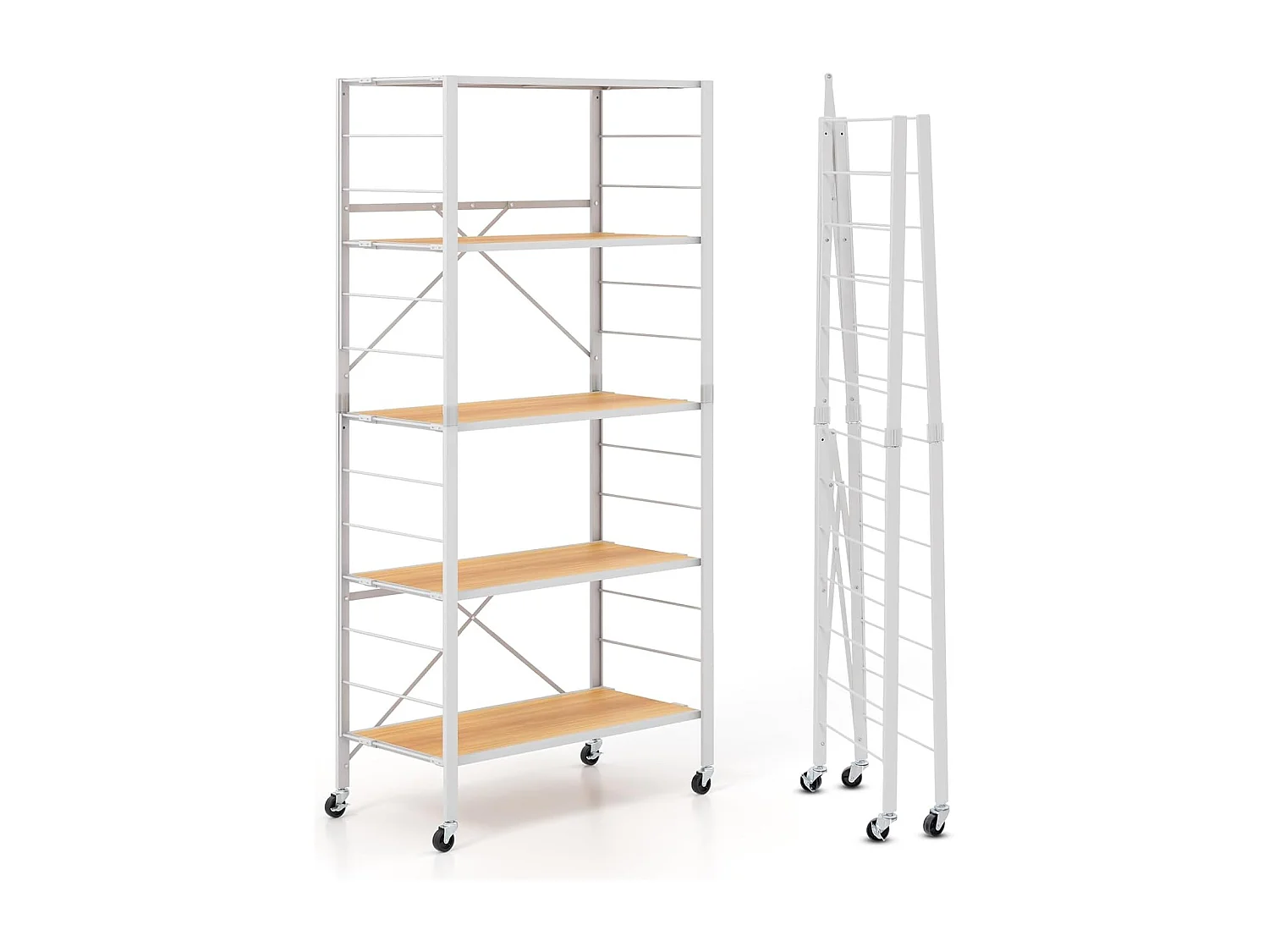 Étagère de cuisine pliable à 5 niveaux, roulettes, étagères, charge max. 100 kg, naturel
