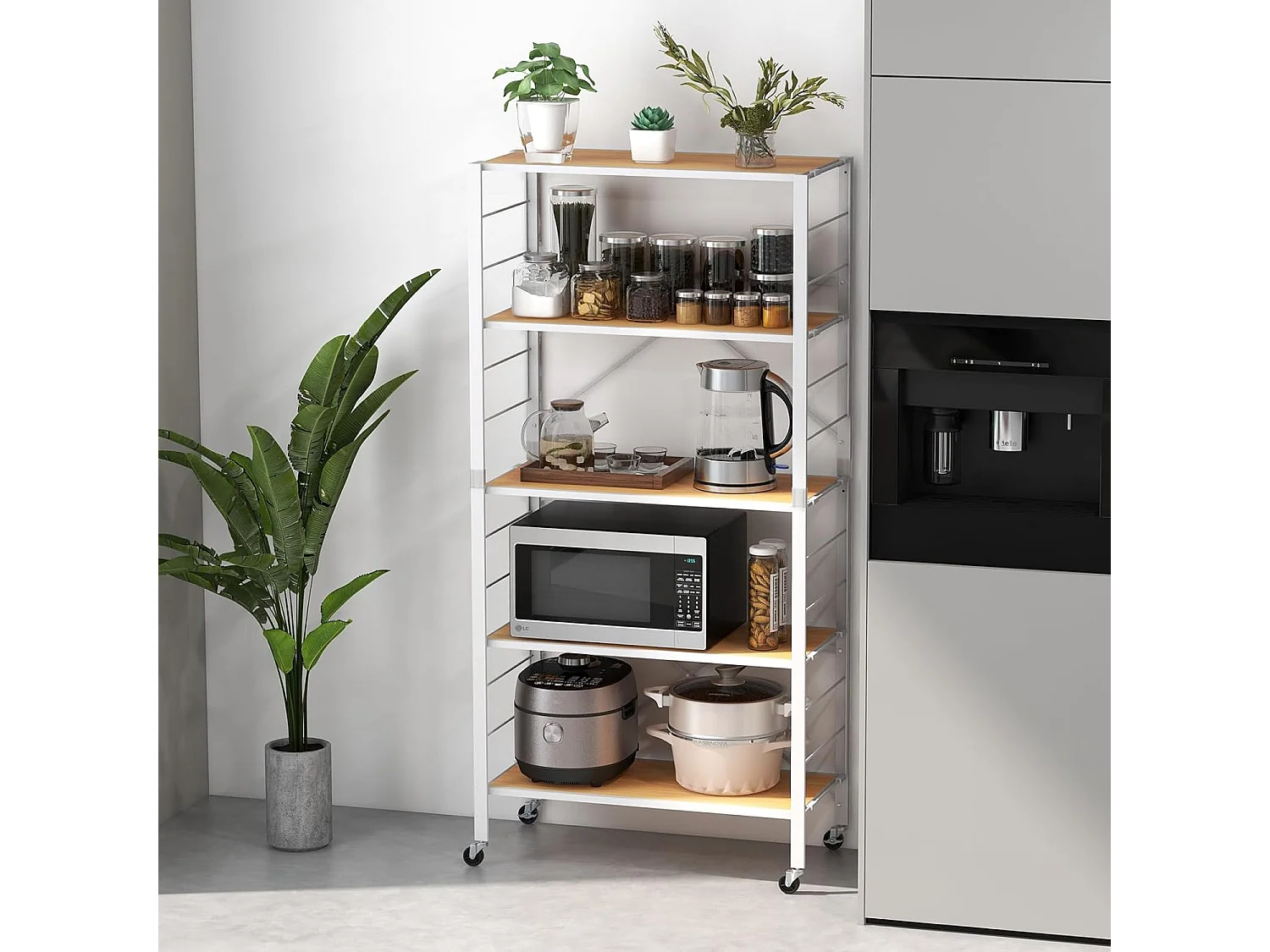 Étagère de cuisine pliable à 5 niveaux, roulettes, étagères, charge max. 100 kg, naturel