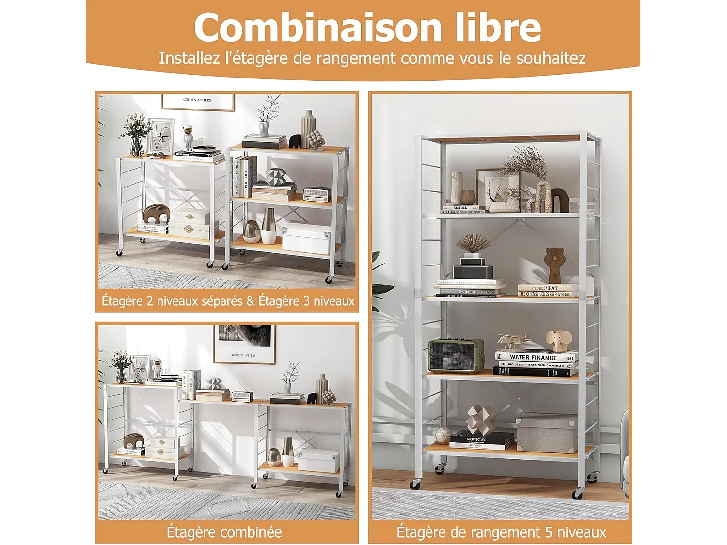 Étagère de cuisine pliable à 5 niveaux, roulettes, étagères, charge max. 100 kg, naturel