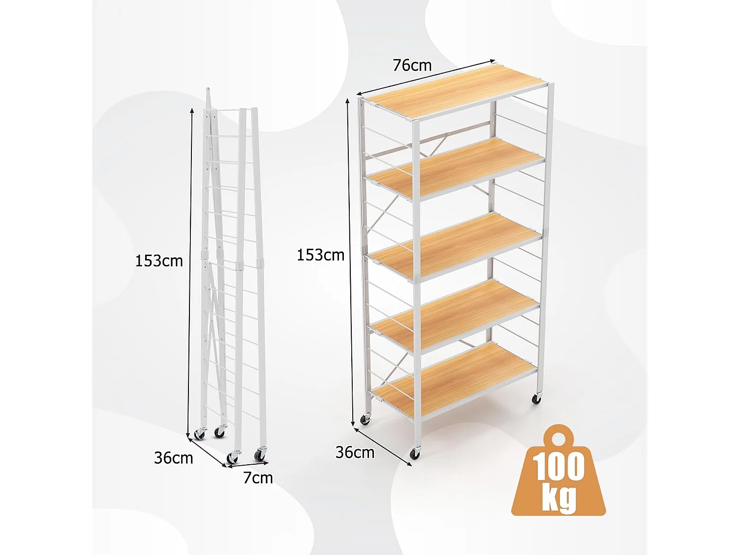 Étagère de cuisine pliable à 5 niveaux, roulettes, étagères, charge max. 100 kg, naturel