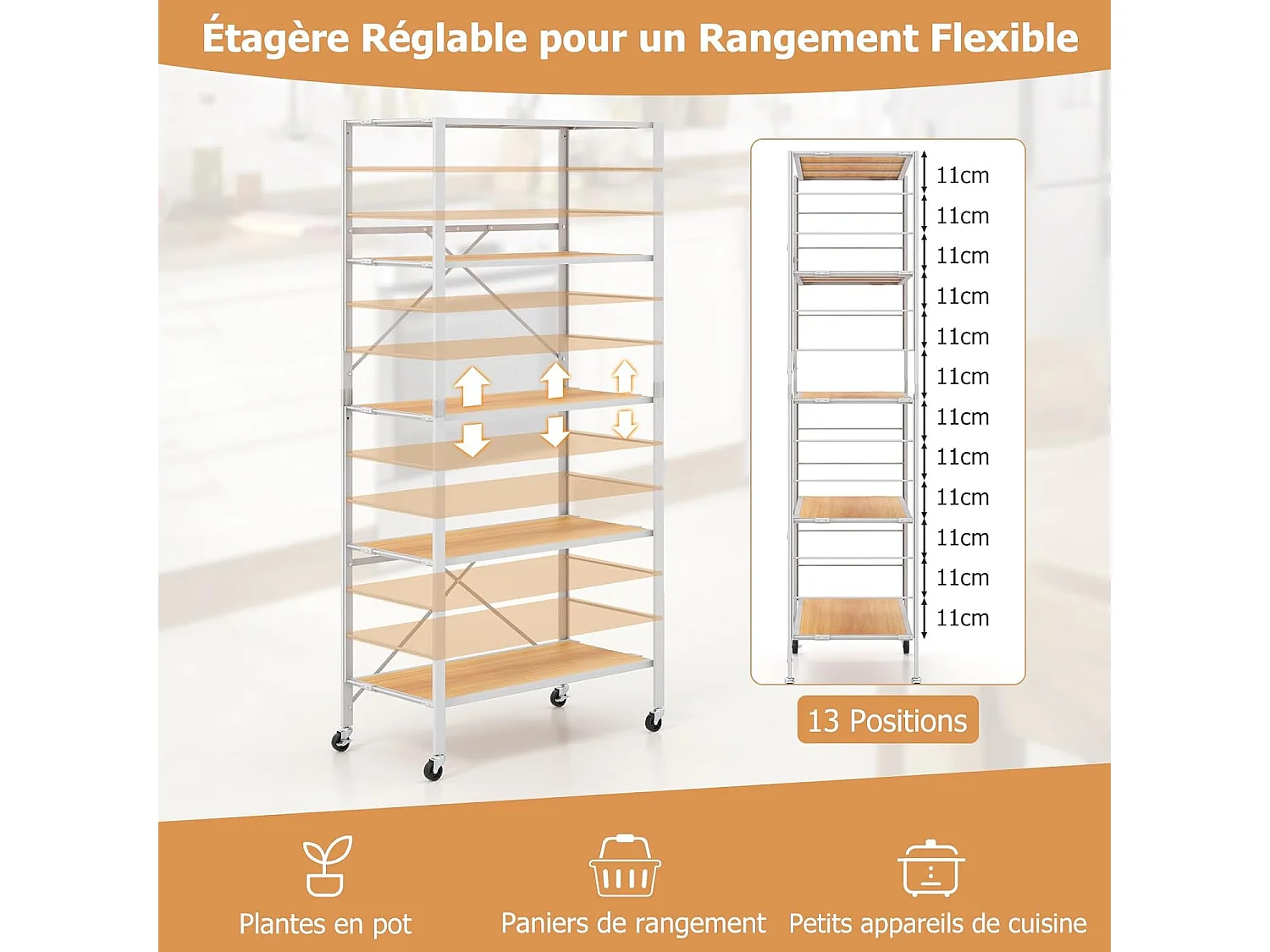 Étagère de cuisine pliable à 5 niveaux, roulettes, étagères, charge max. 100 kg, naturel