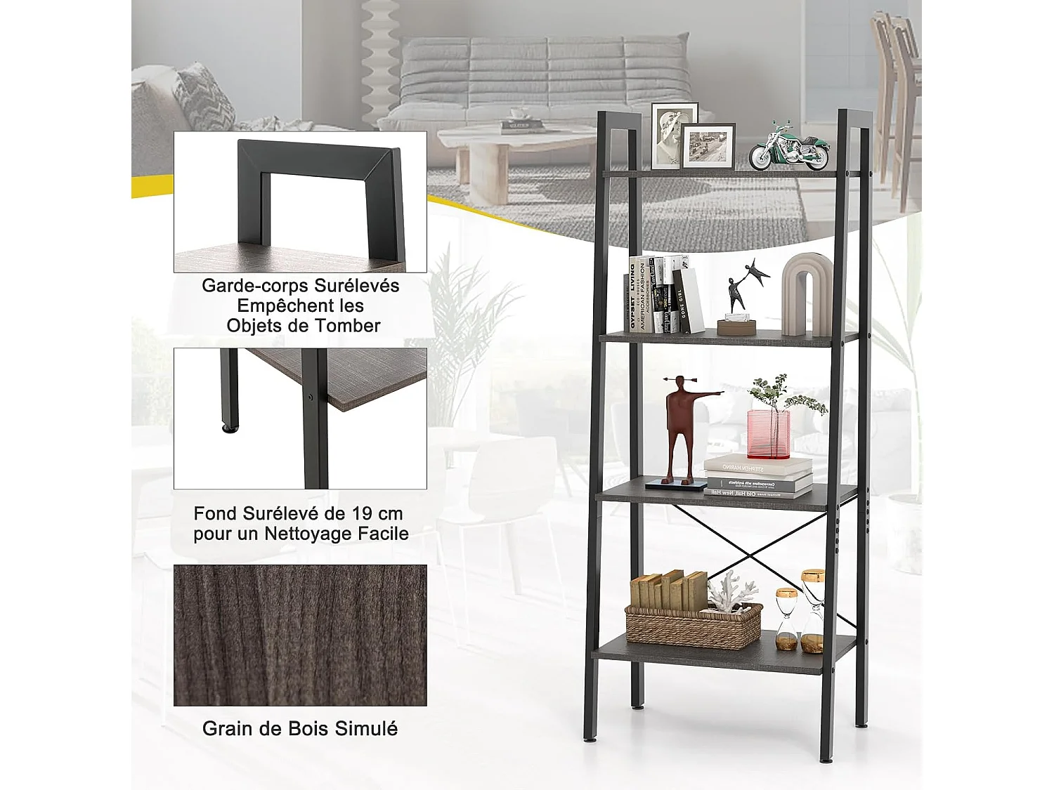 Étagère à 4 niveaux, bibliothèque étagère de rangement,56 x 34 x 138 cm (brun foncé)