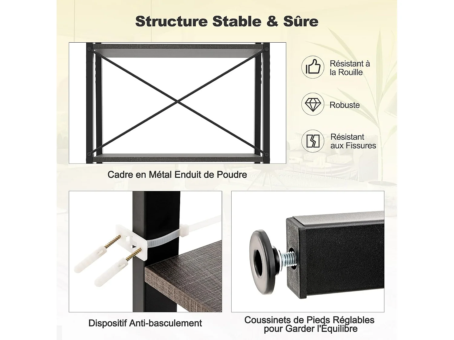 Étagère à 4 niveaux, bibliothèque étagère de rangement,56 x 34 x 138 cm (brun foncé)